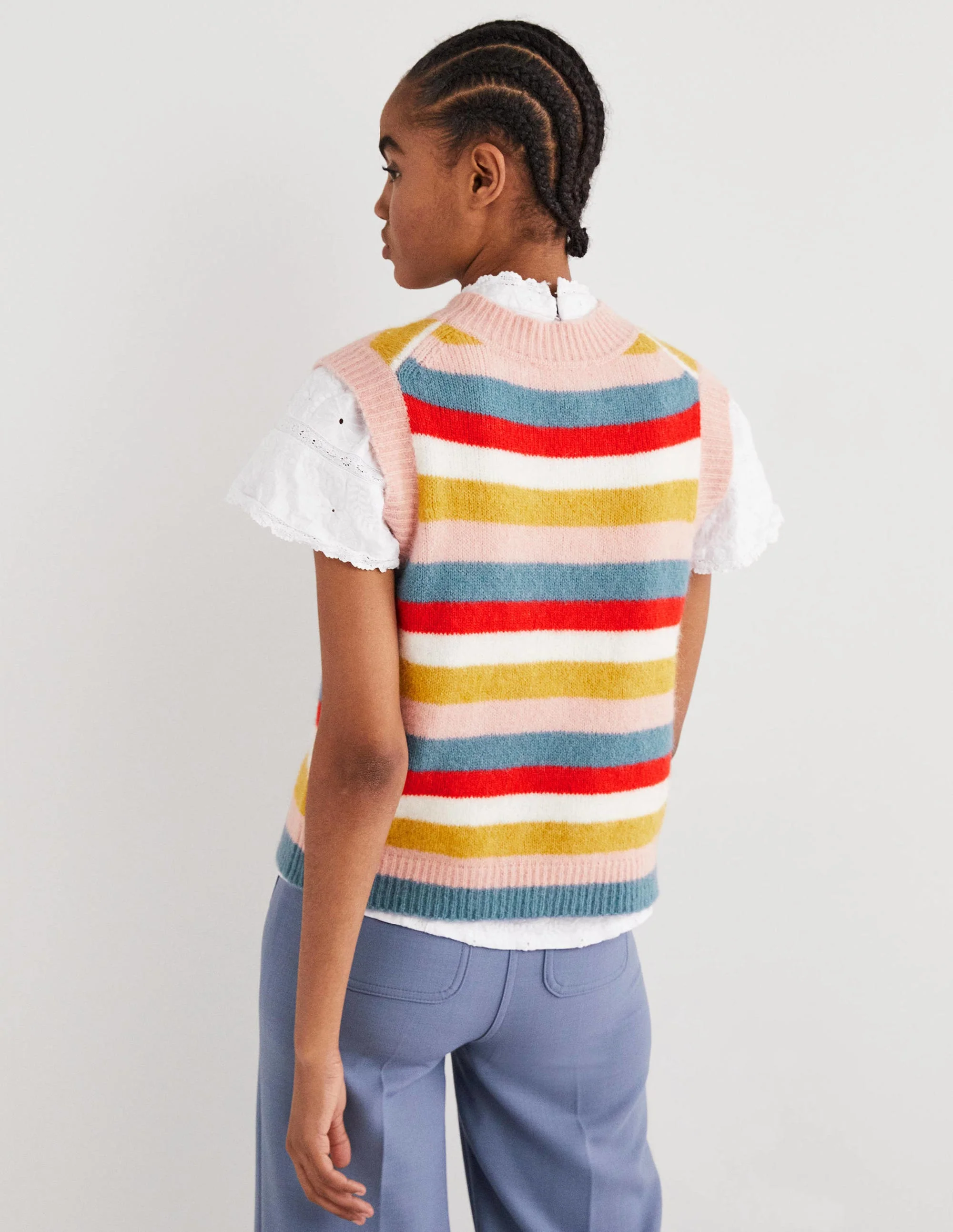 Flauschiger Pullunder-Gelb/Blau, Gestrickte Regenbogenstreifen - Image 3