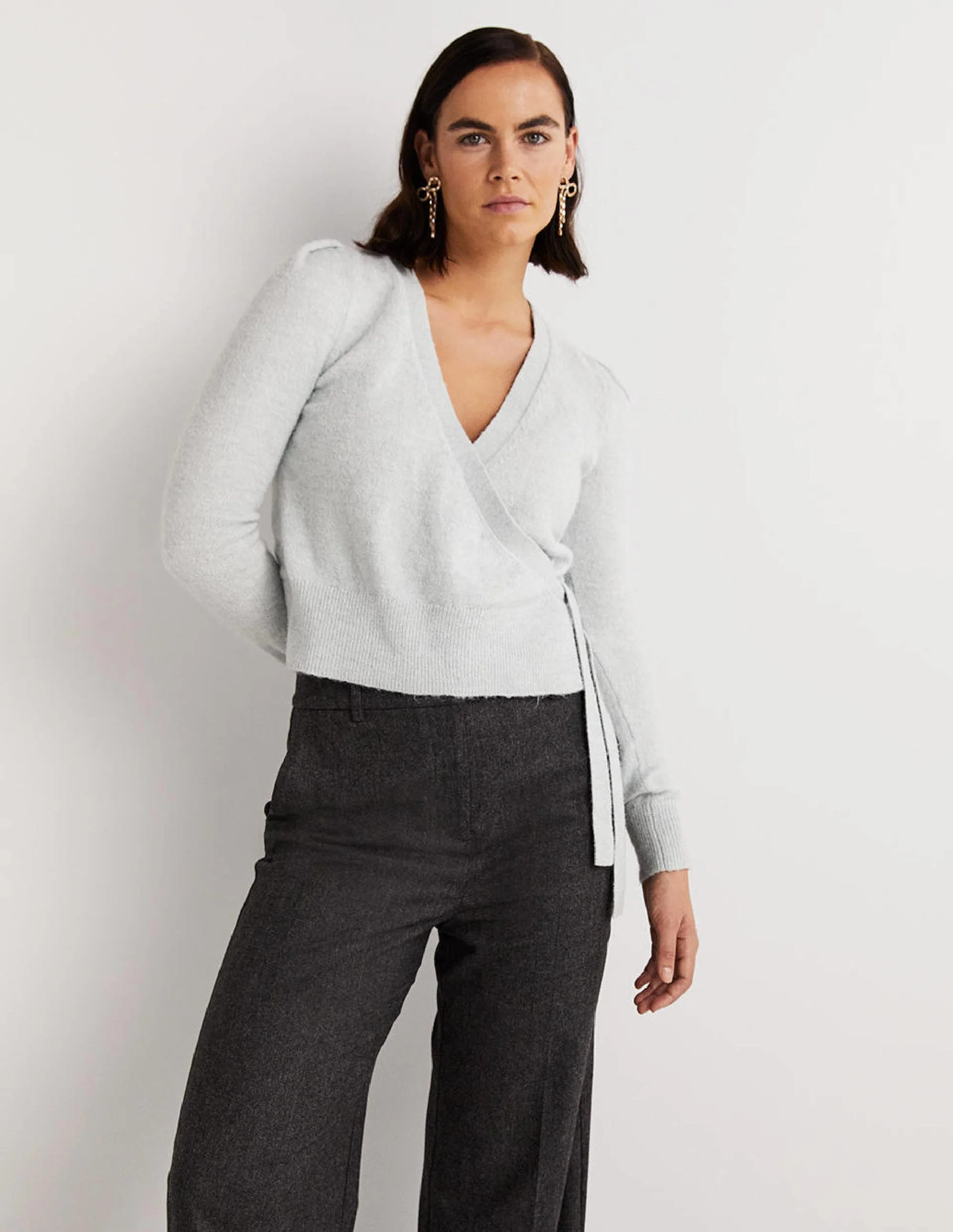 Flauschiger Wickel-Cardigan-Vintageblau Melange