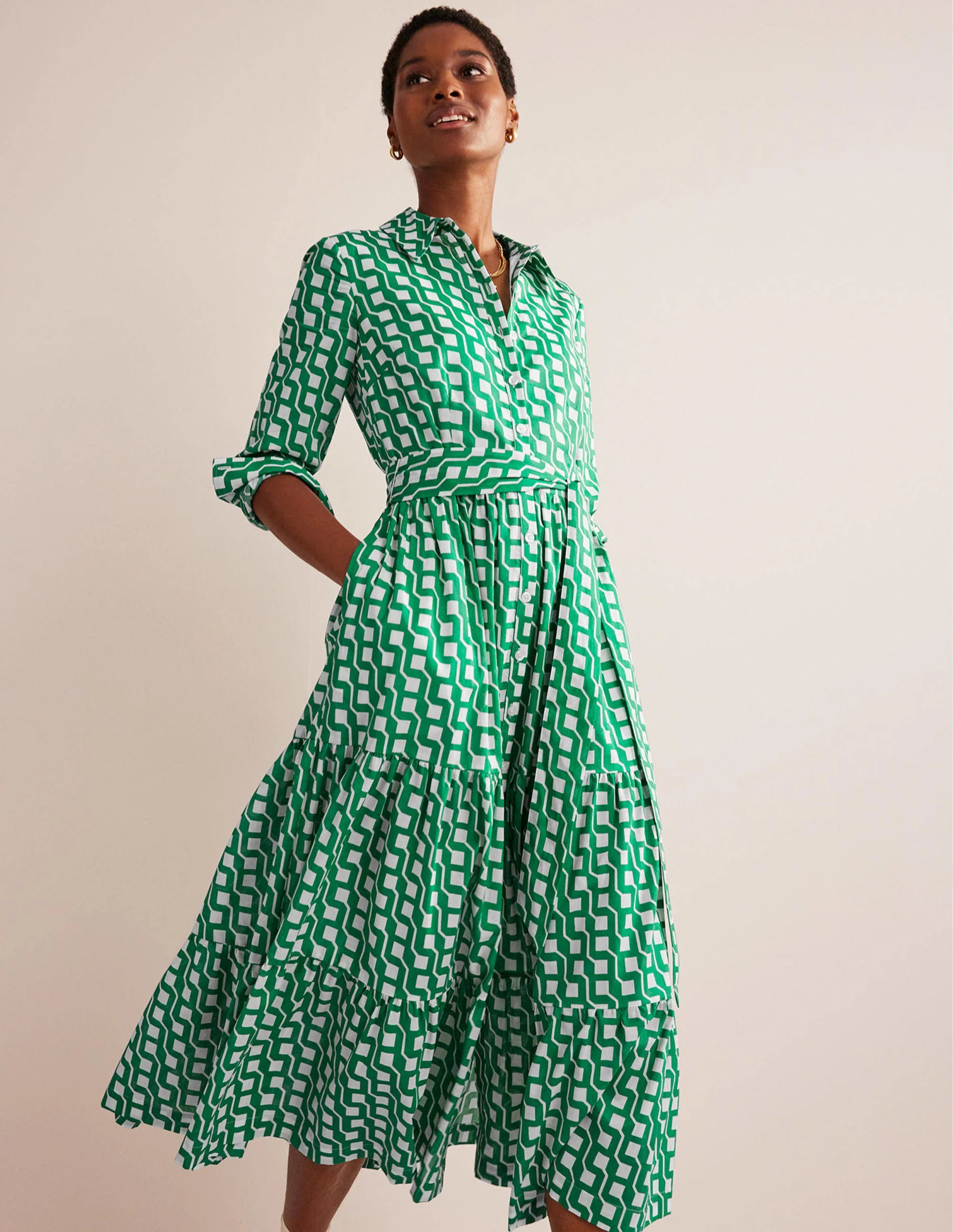 Flo Midi-Hemdblusenkleid aus Baumwolle-Leuchtendes Smaragdgrün, Würfel - Image 4