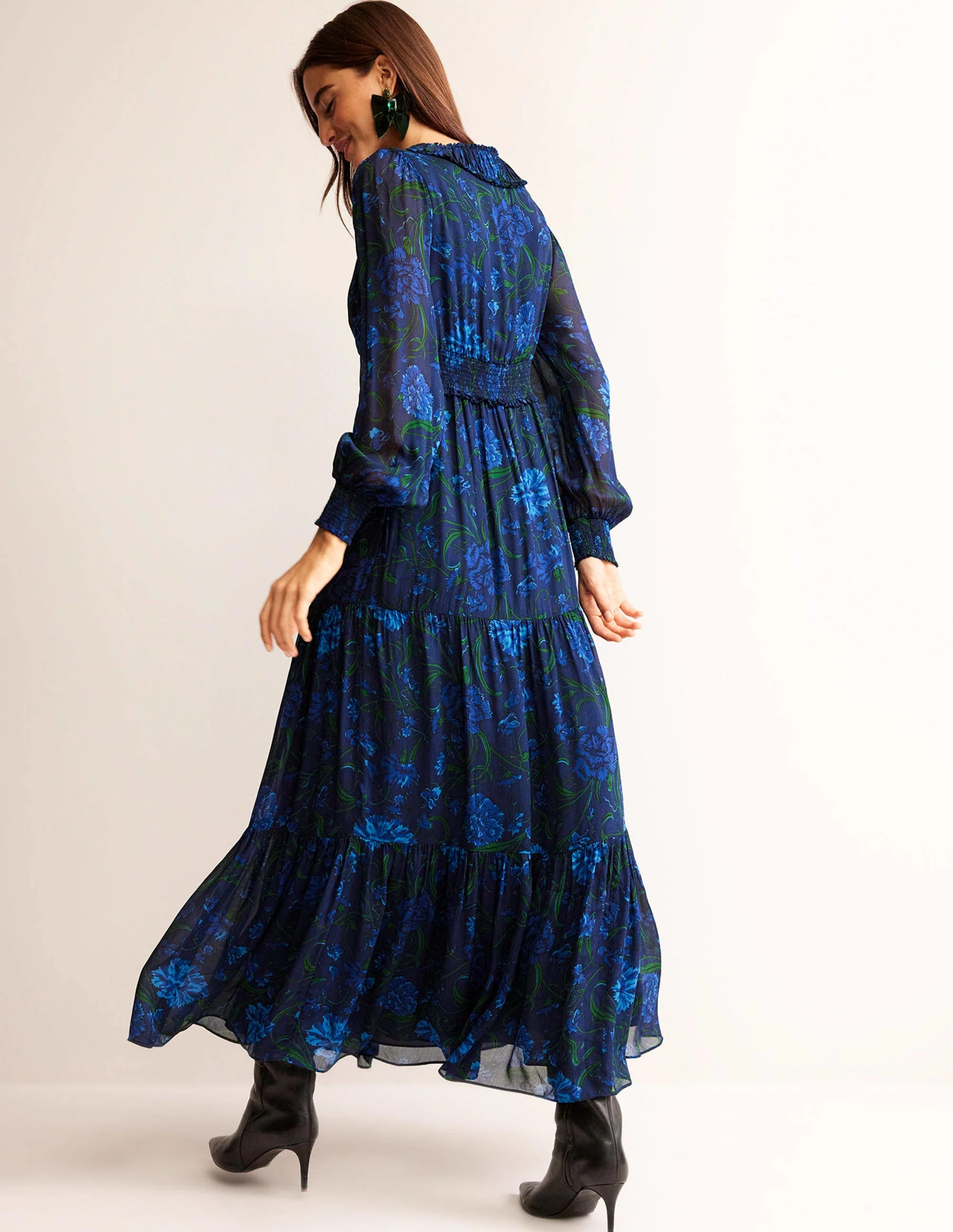 Florales Maxikleid mit Rüschenkragen-Marineblau, Freesie - Image 4