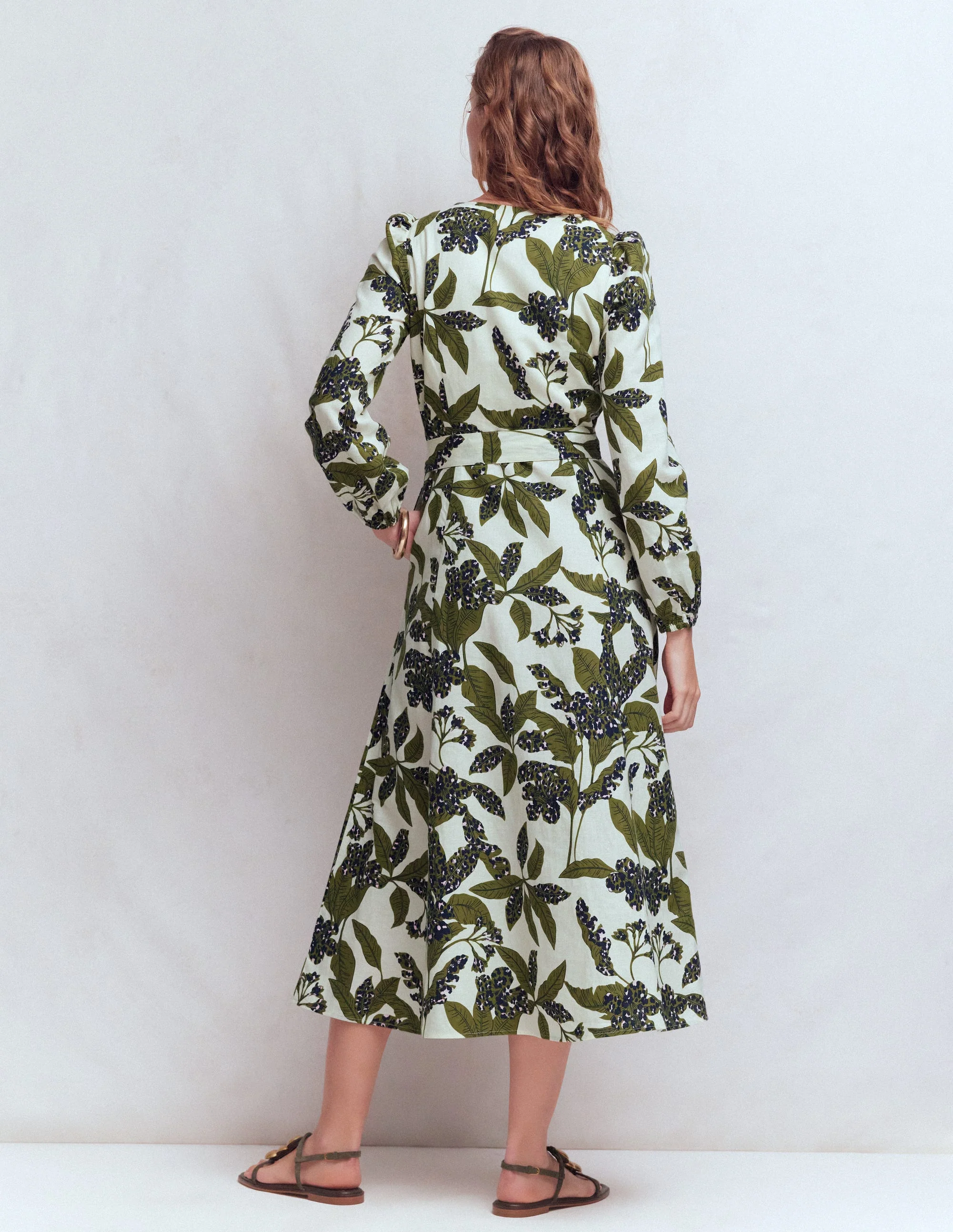 Florence Kleid aus Leinenmischgewebe-Olivgrün Leoparden-Blüten - Image 3