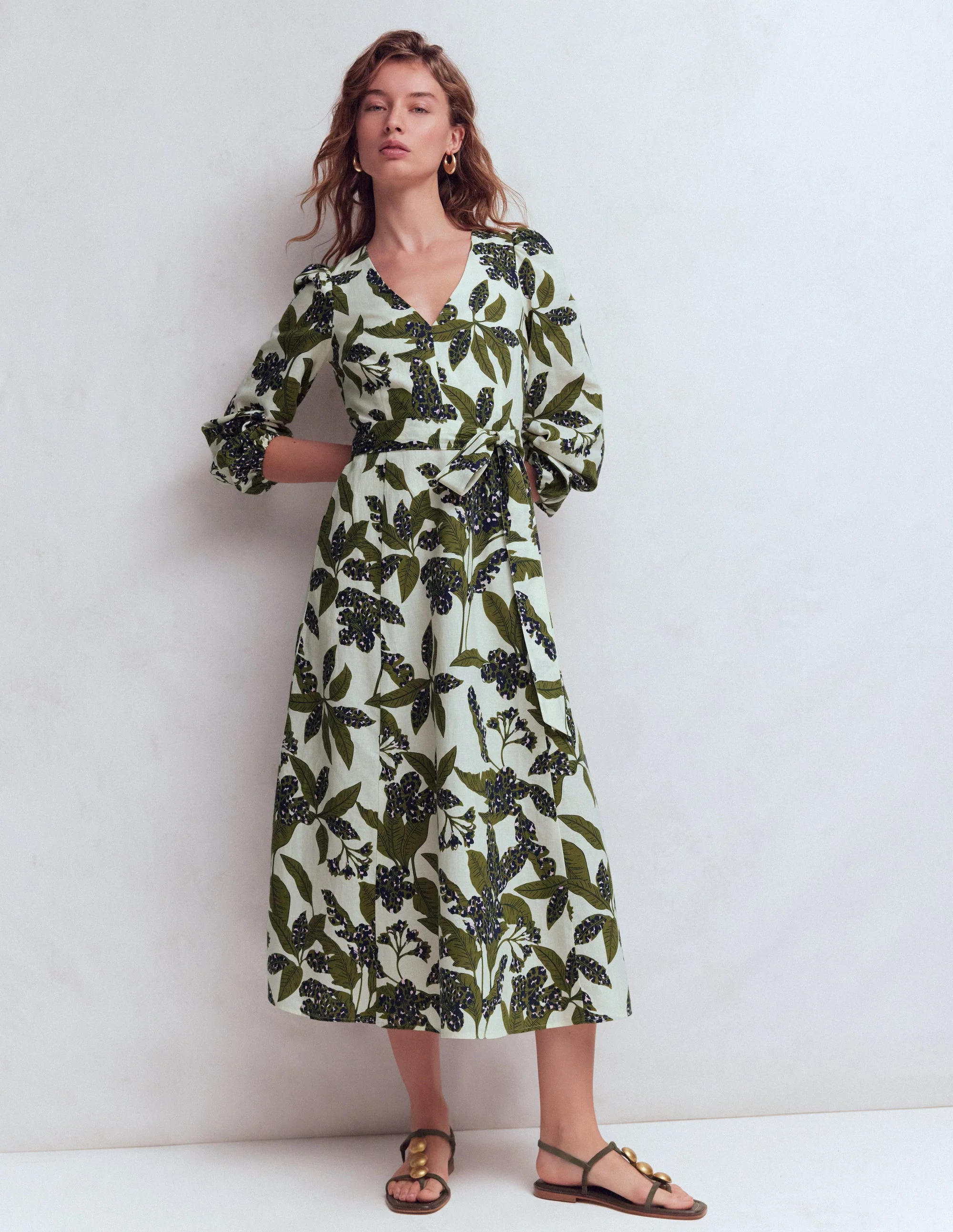 Florence Kleid aus Leinenmischgewebe-Olivgrün Leoparden-Blüten - Image 4