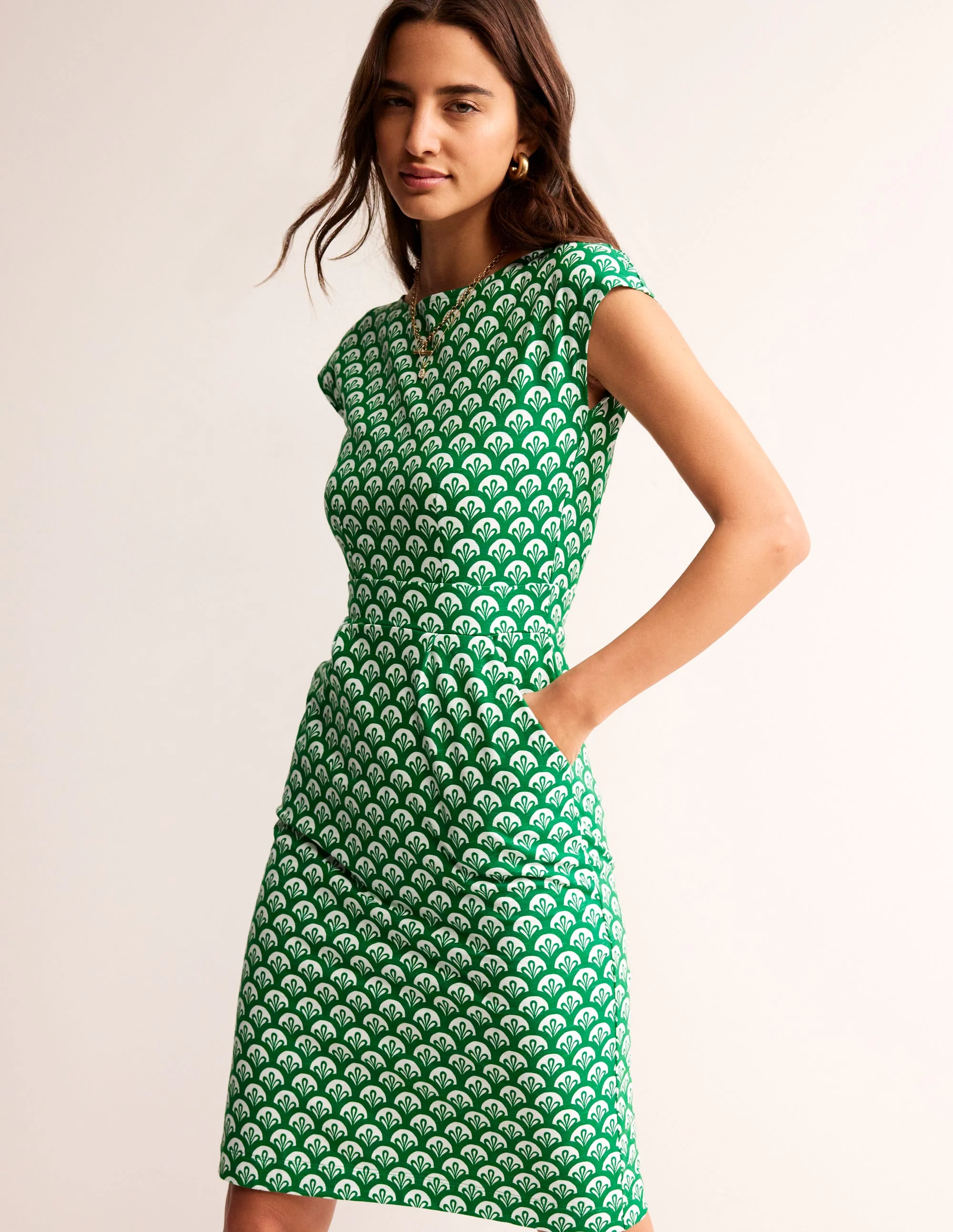 Florrie Jerseykleid-Grünes Tamburin, Laub Geo