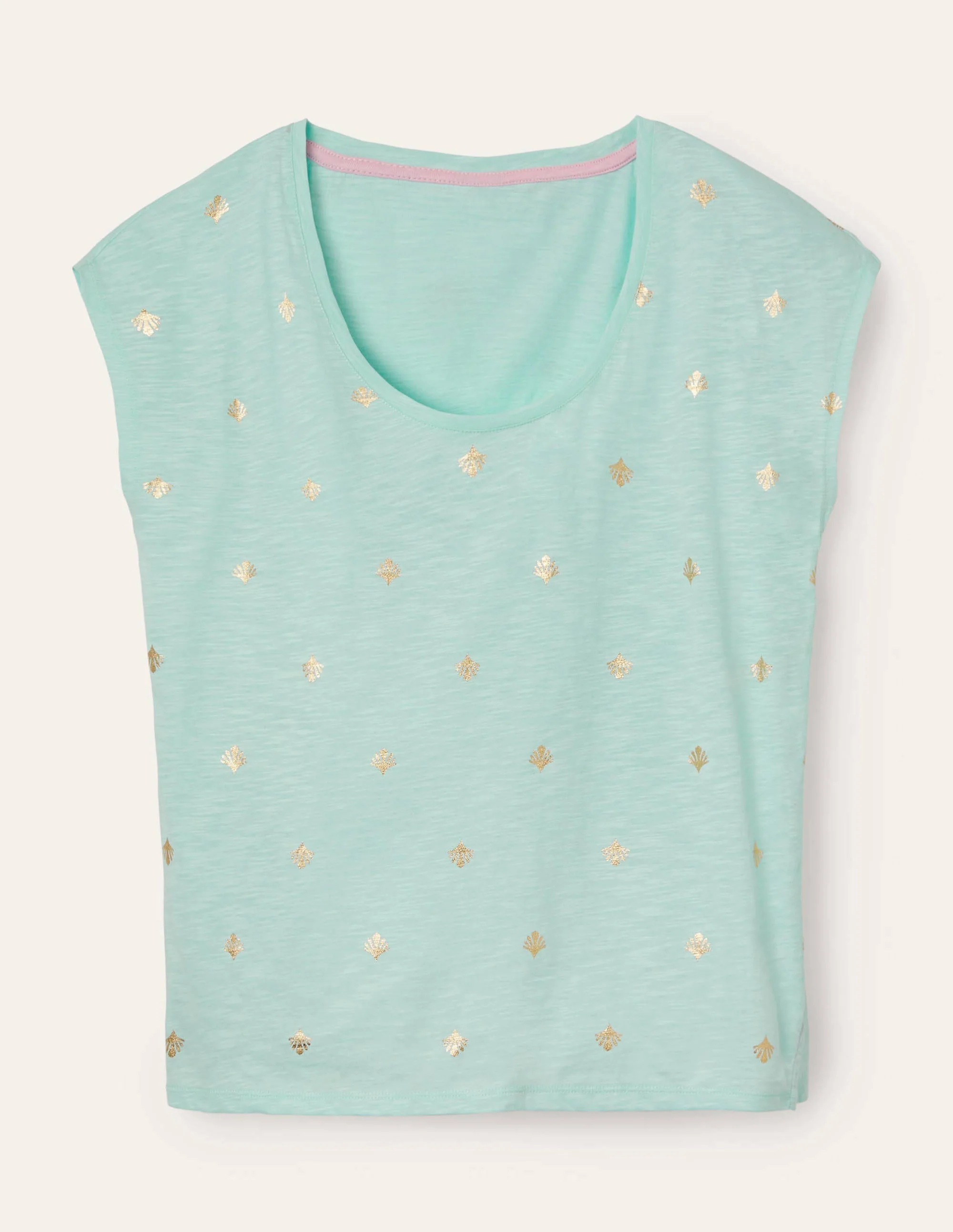 Fröhliches T-Shirt mit abgerundetem V-Ausschnitt-Mintgrün, Korallenkacheln - Image 5