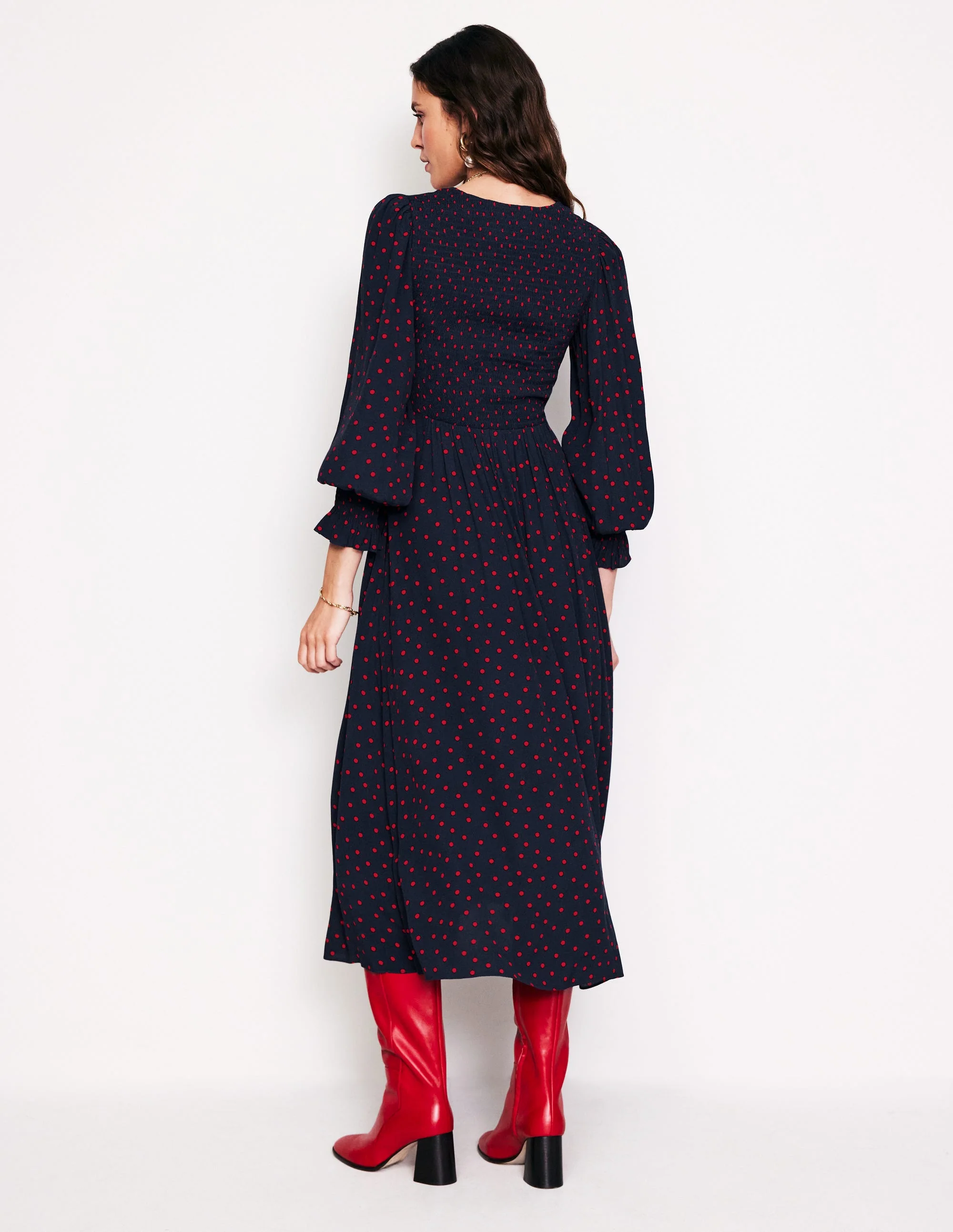 Gemma Gesmoktes Midikleid-Feuerrot, Abstrakte Punkte - Image 3