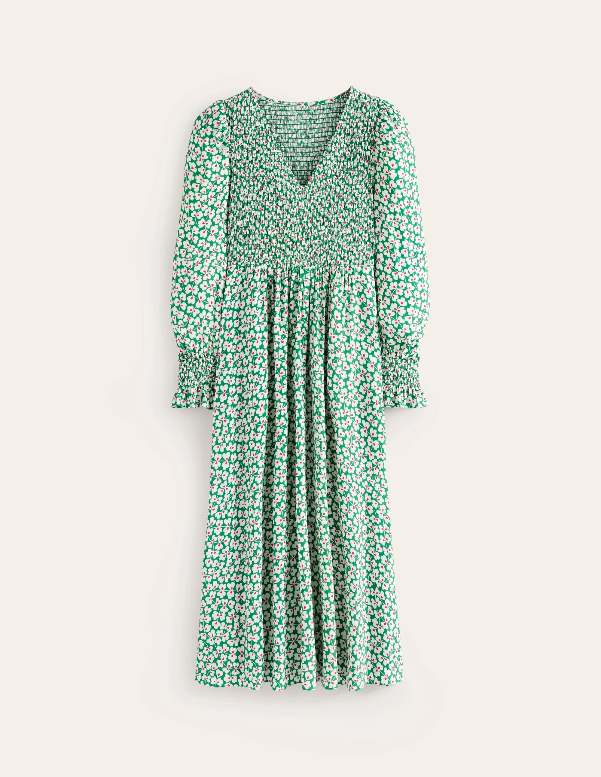 Gemma Gesmoktes Midikleid-Grünes Tamburin, Kleeblattwirbel - Image 6