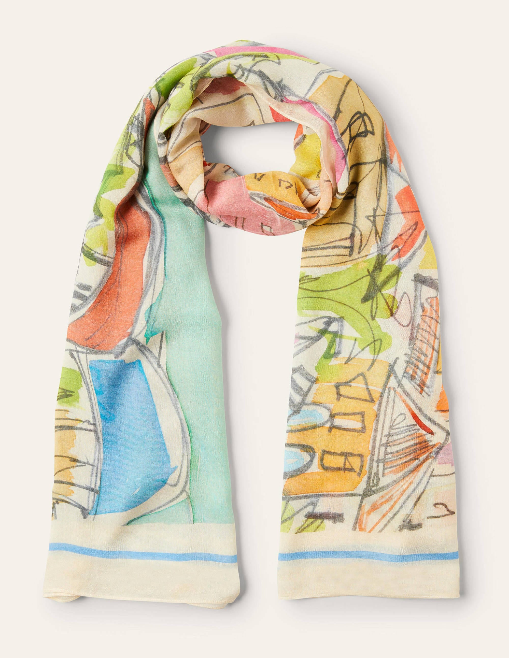 Gemusterter Modalschal-Surfblau/Regenbogenfarben, Dorfmotiv