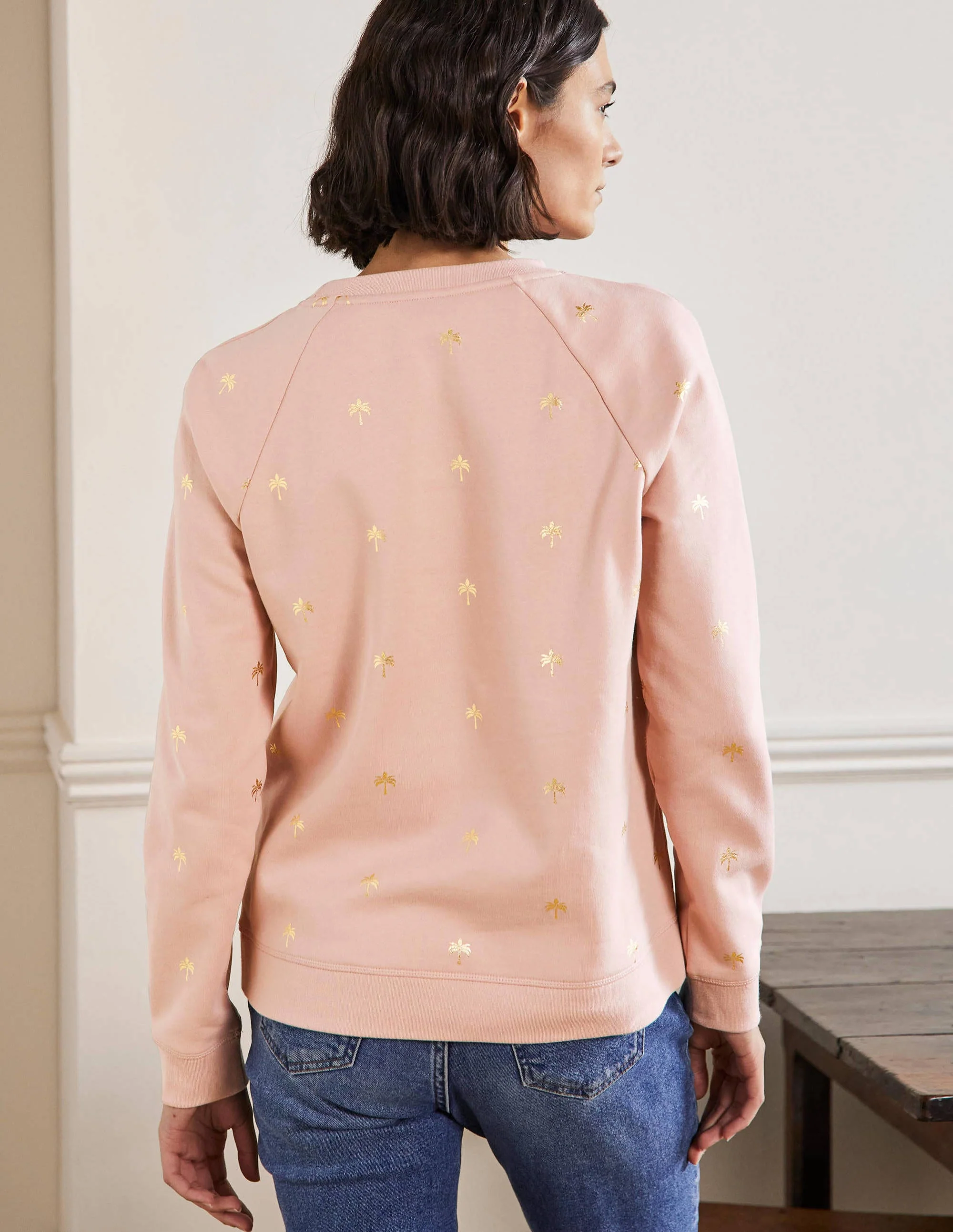 Gemustertes Sweatshirt aus Baumwolle-Milchshake/Gold, Paradiespalmen - Image 3