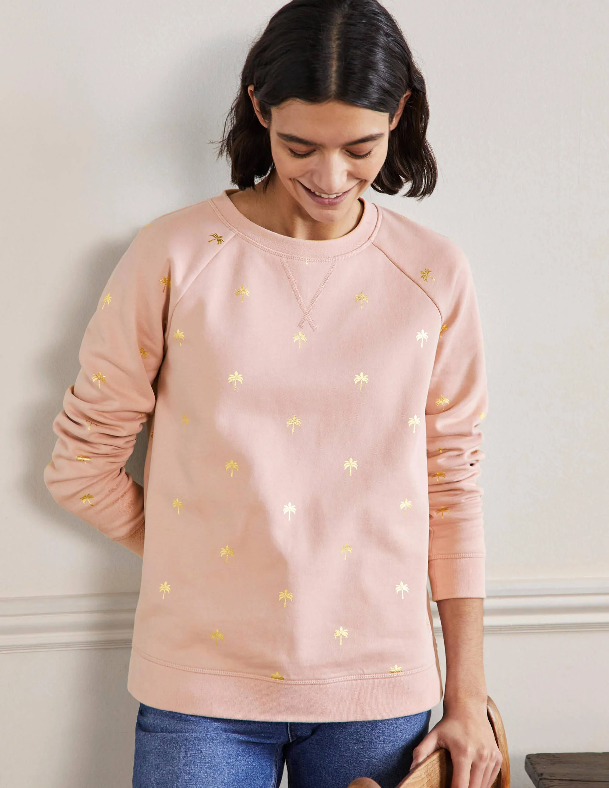 Gemustertes Sweatshirt aus Baumwolle-Milchshake/Gold, Paradiespalmen - Image 4