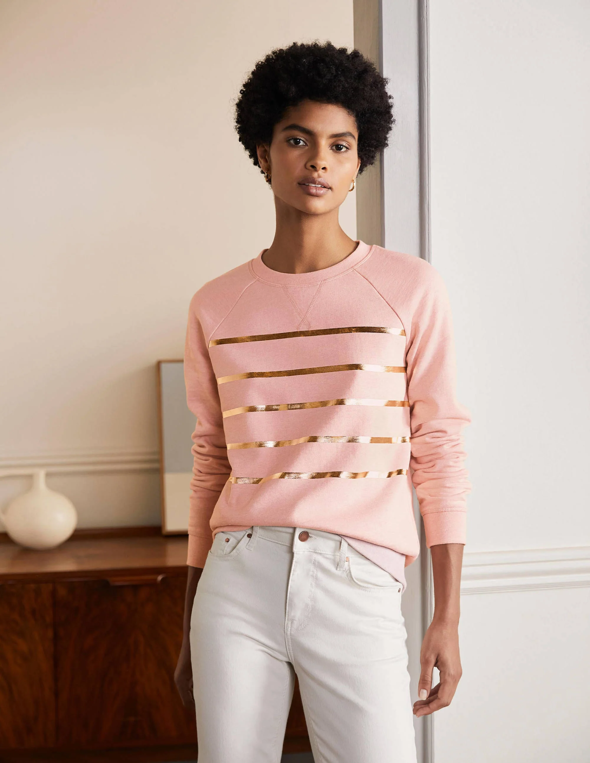 Gemustertes Sweatshirt aus Baumwolle-Rosa Meliert/Gold, Folienstreifen