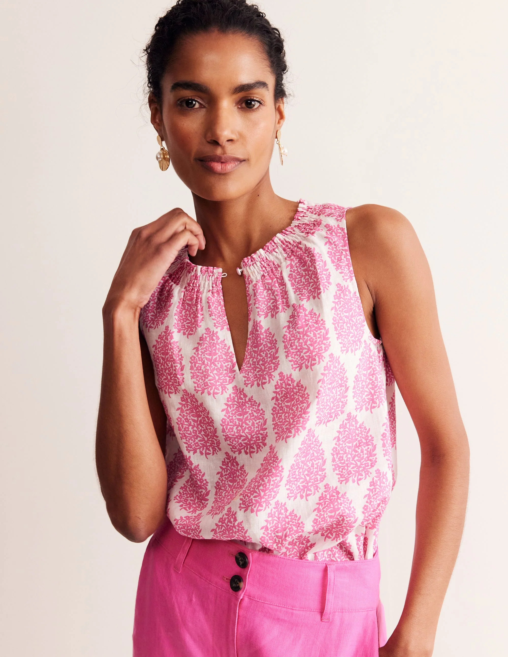 Georgia Ärmelloses Leinenoberteil-Sangria Sunset Pink, Blümchen-Paisley