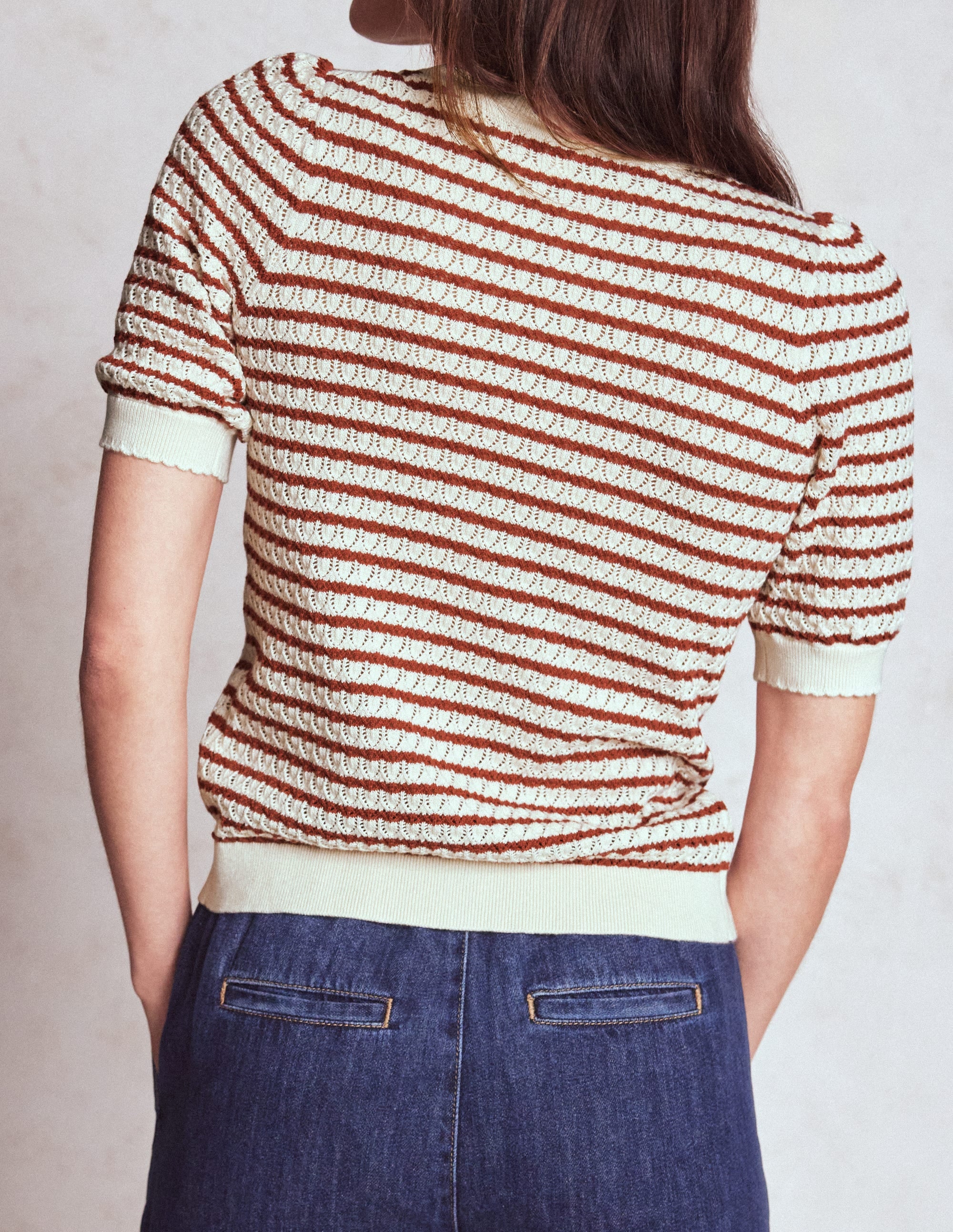 Gepunktete Pointelle-Strickjacke-Warmes Naturweiß/Rot - Image 3