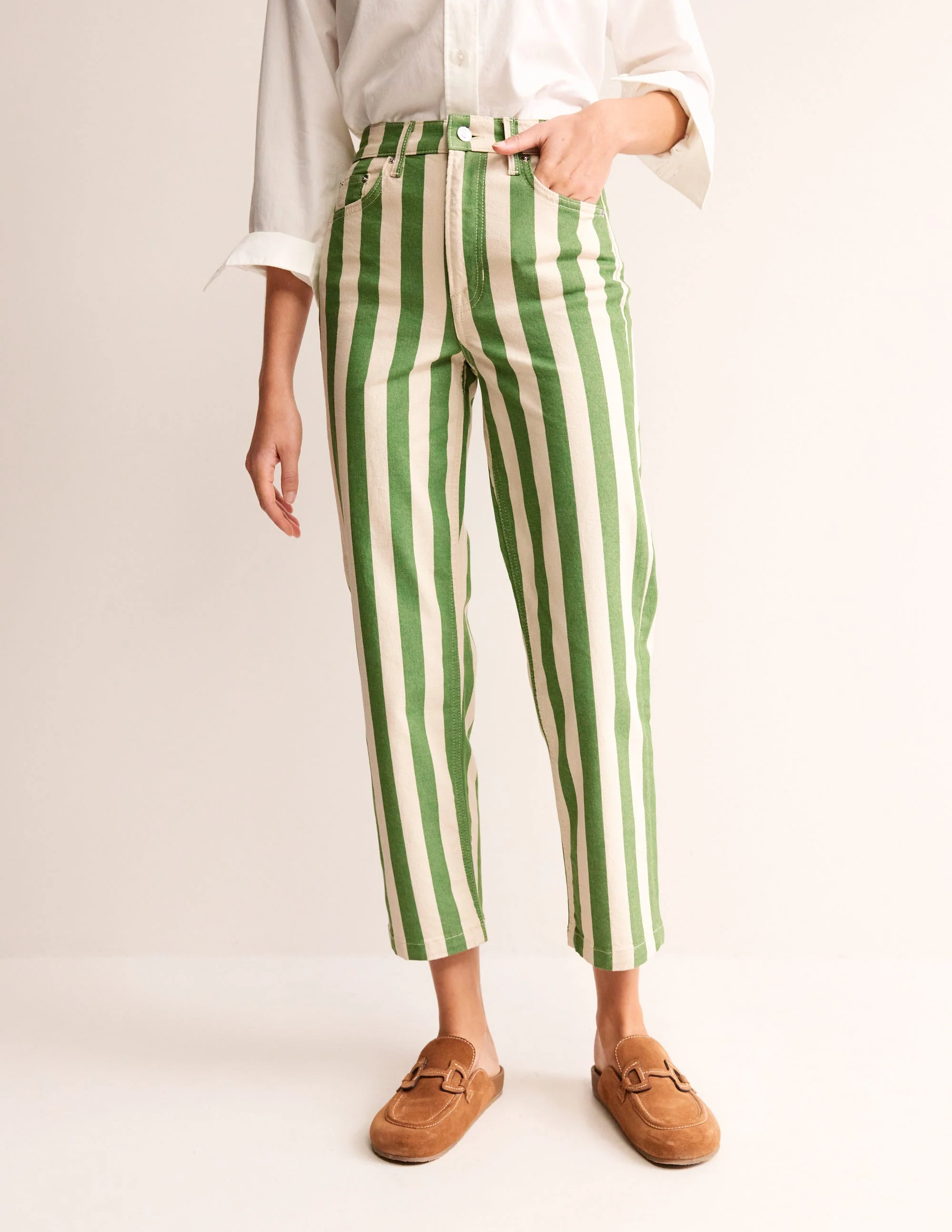 Gerade geschnittene Hose mit Streifen-Grün und Naturweiß gestreift - Image 4
