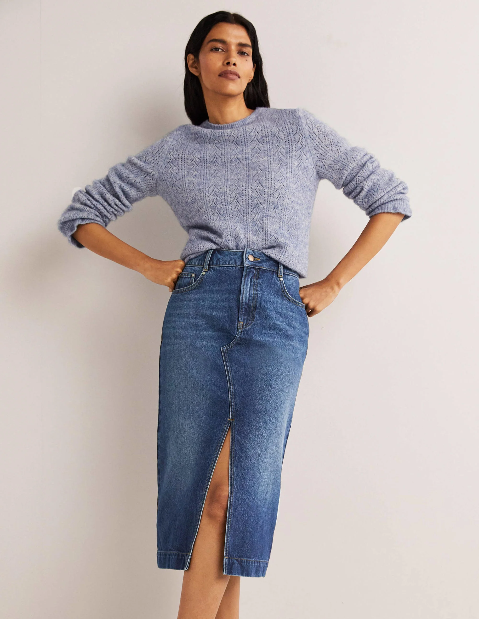 Gerader Midirock aus Denim-Helles Vintageblau