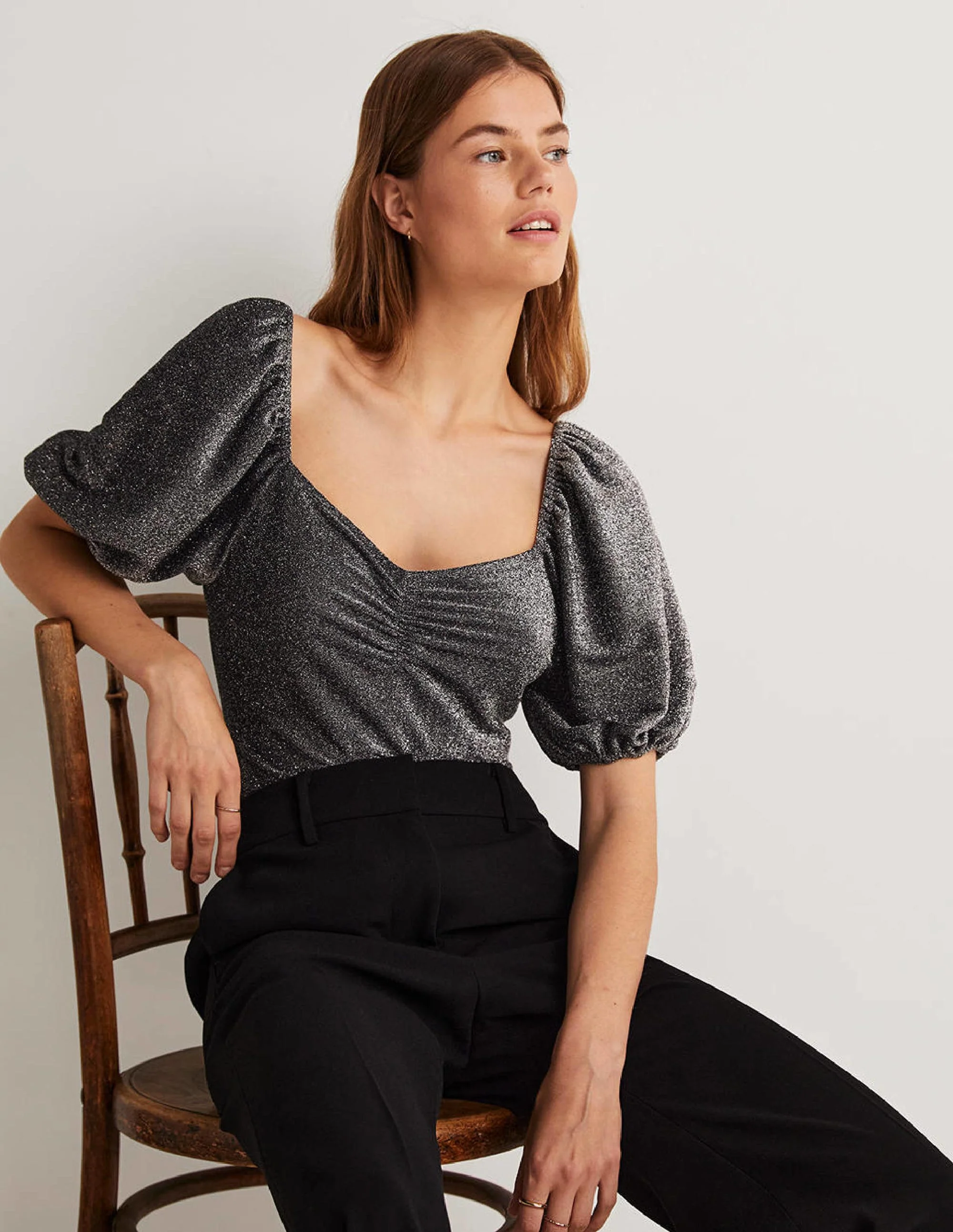 Gerafftes Jerseyoberteil mit Glitzer-Silber, Glitzer