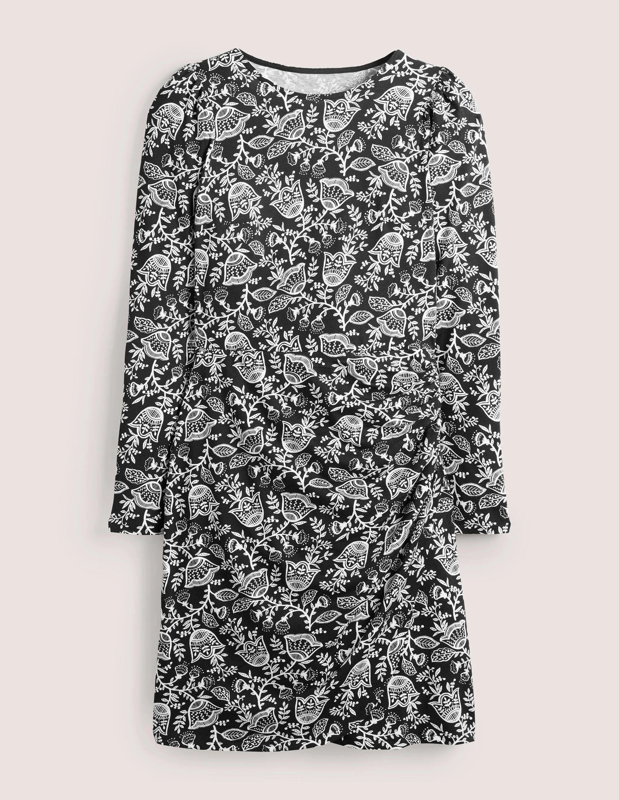 Gerafftes Midikleid aus Jersey-Schwarz, Tulpenranken - Image 5