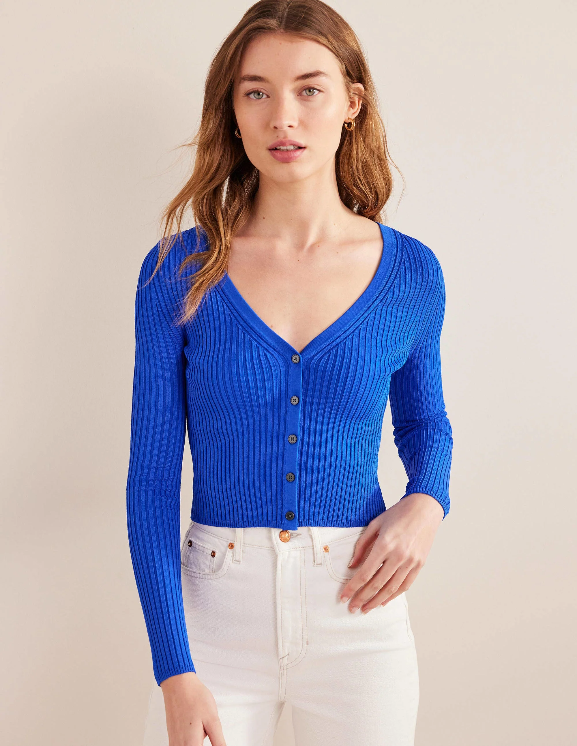 Gerippter Cardigan mit breitem Ausschnitt-Fischreiherblau - Image 4