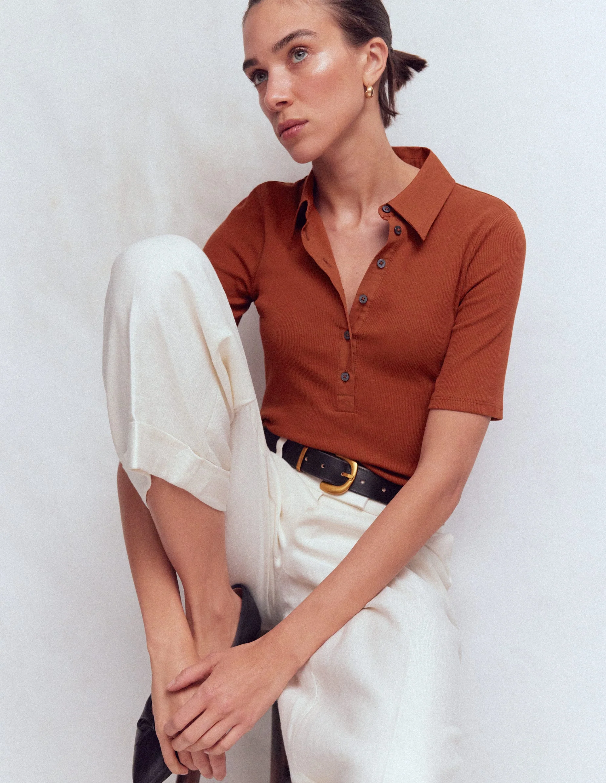 Geripptes Henley-Shirt mit Kragen-Braun-Orange - Image 4