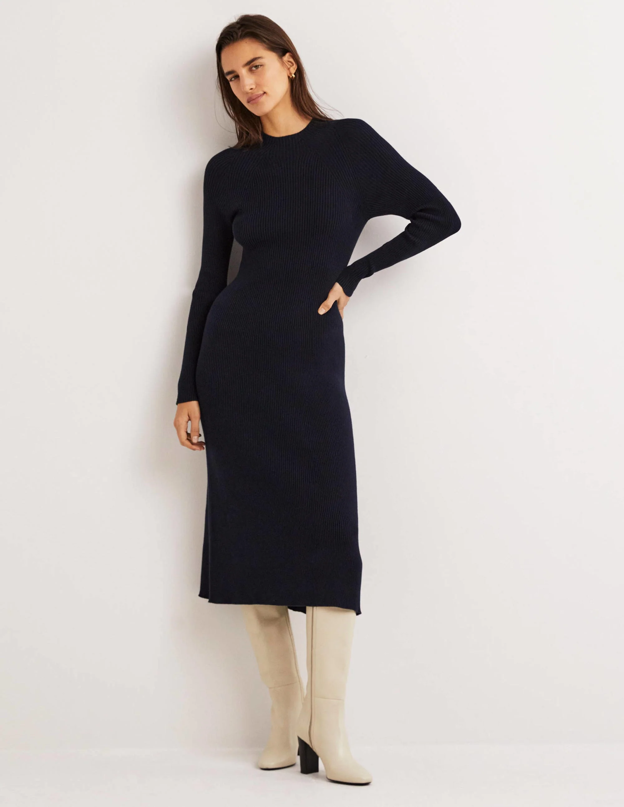 Geripptes Midi-Strickkleid-Marineblau