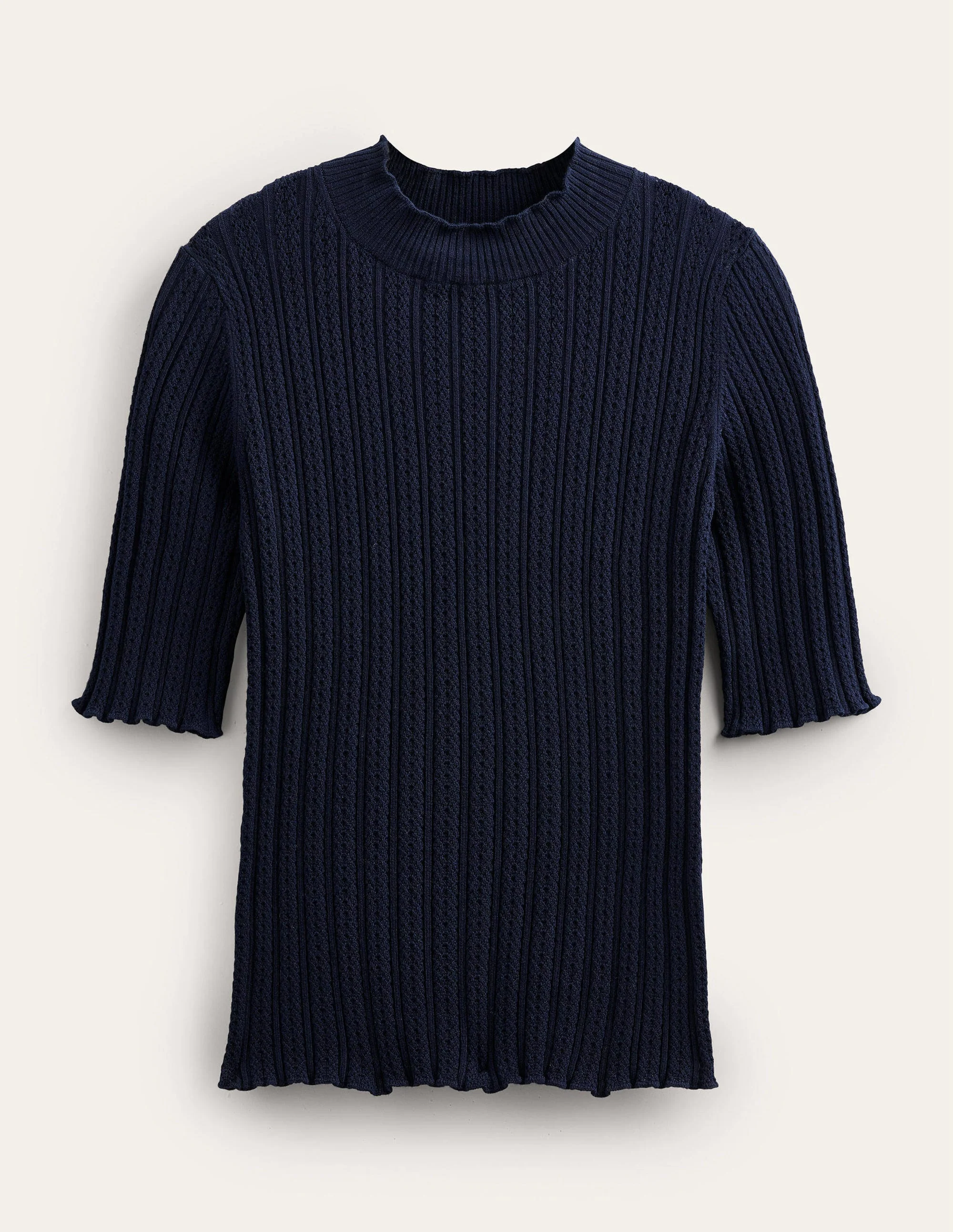 Geripptes T-Shirt mit hohem Kragen-Marineblau - Image 6