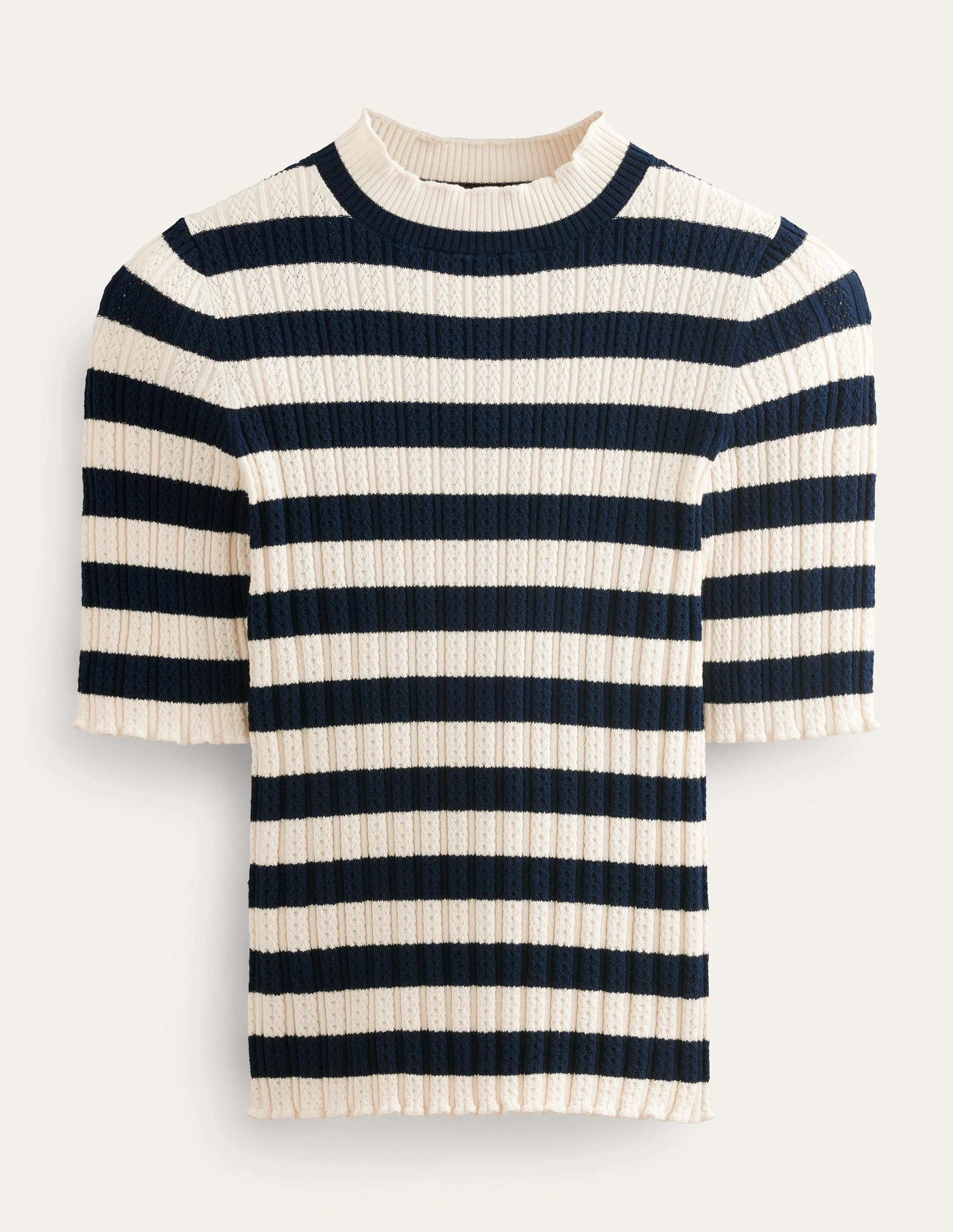 Geripptes T-Shirt mit hohem Kragen-Marineblau/Naturweiß, Gestreift - Image 5
