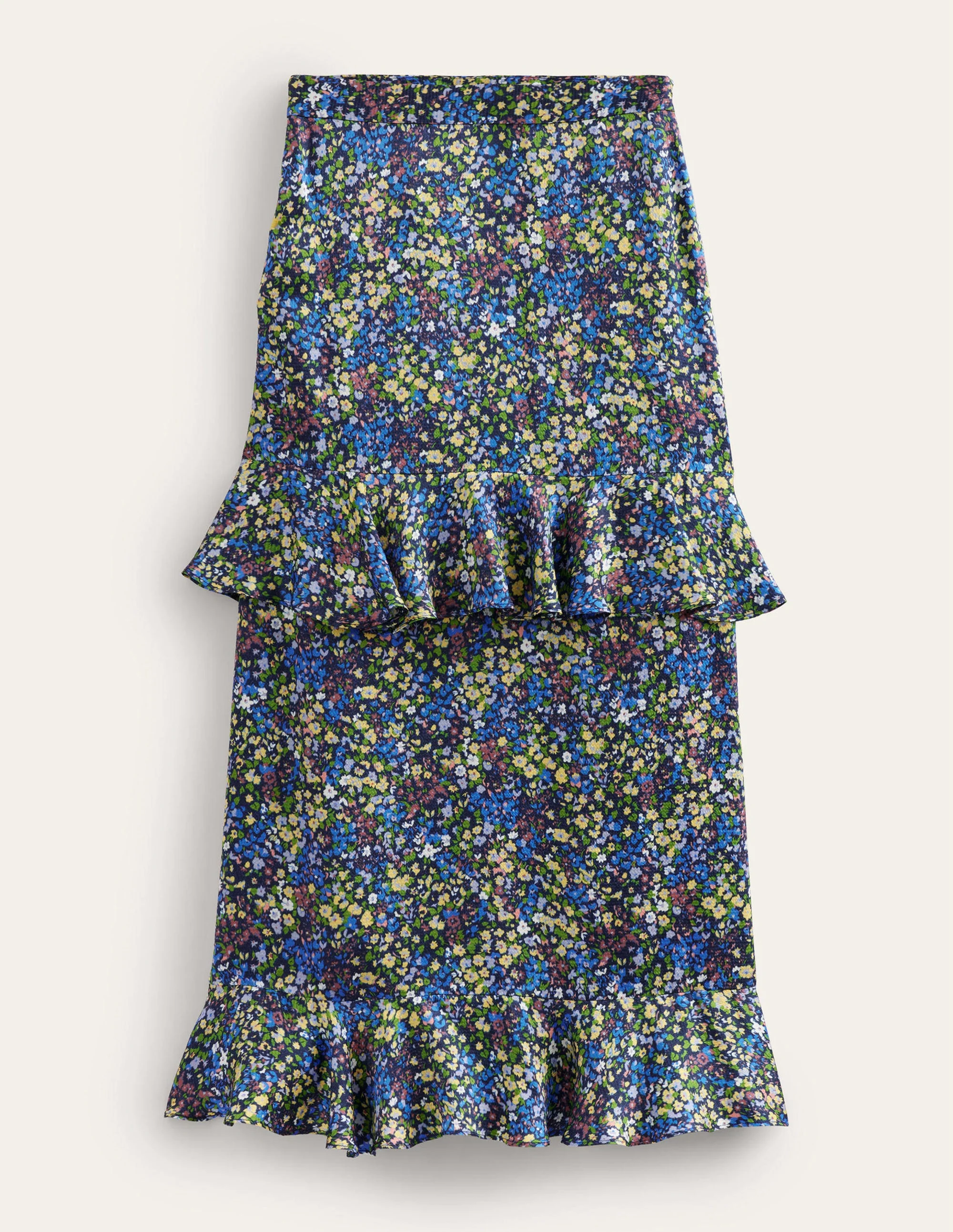 Gerüschter Blumen-Midirock aus Satin-Nebelblau, Gardenienblüten - Image 6