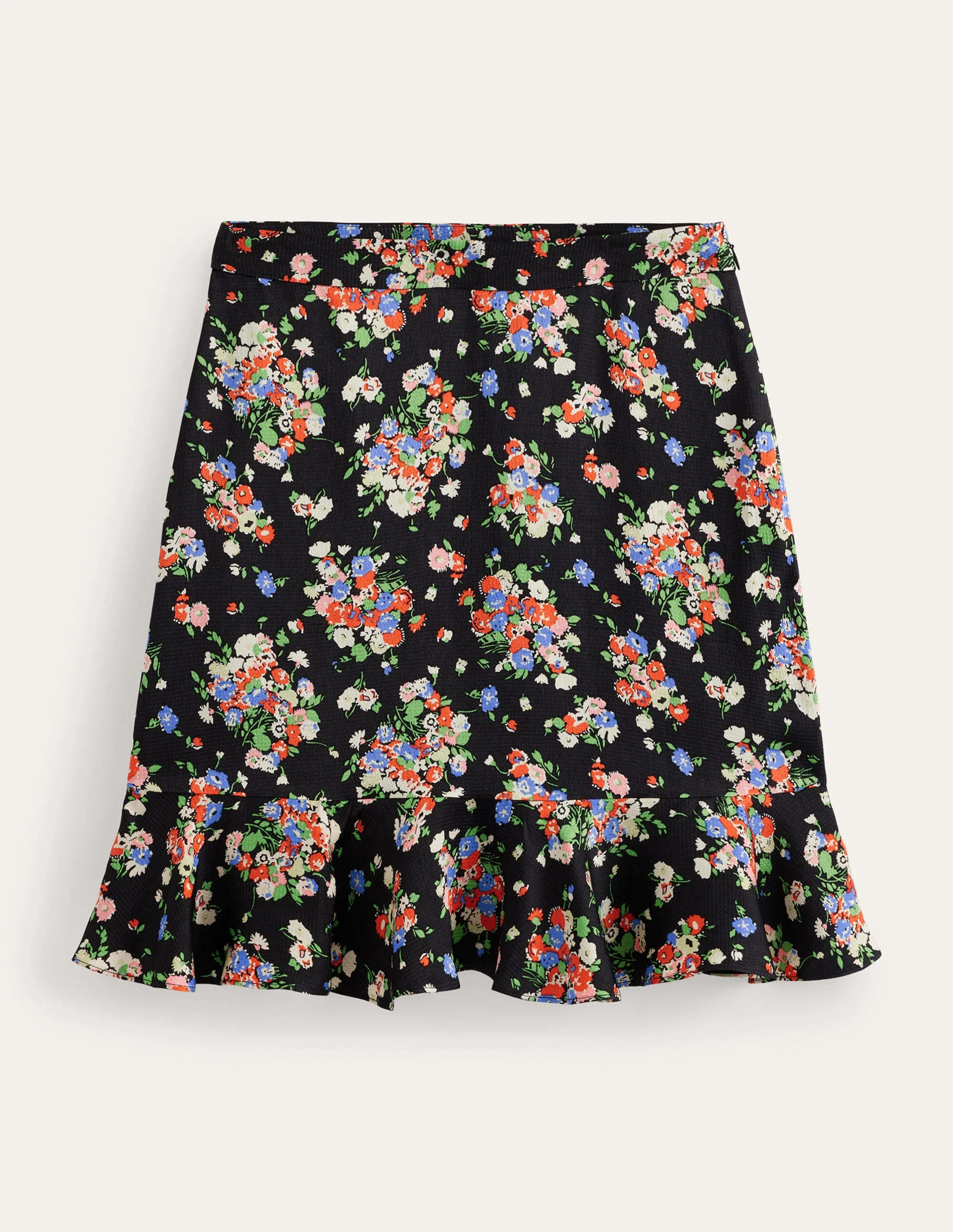 Gerüschter Blumen-Minirock aus Satin-Schwarz, Wildblumen - Image 2