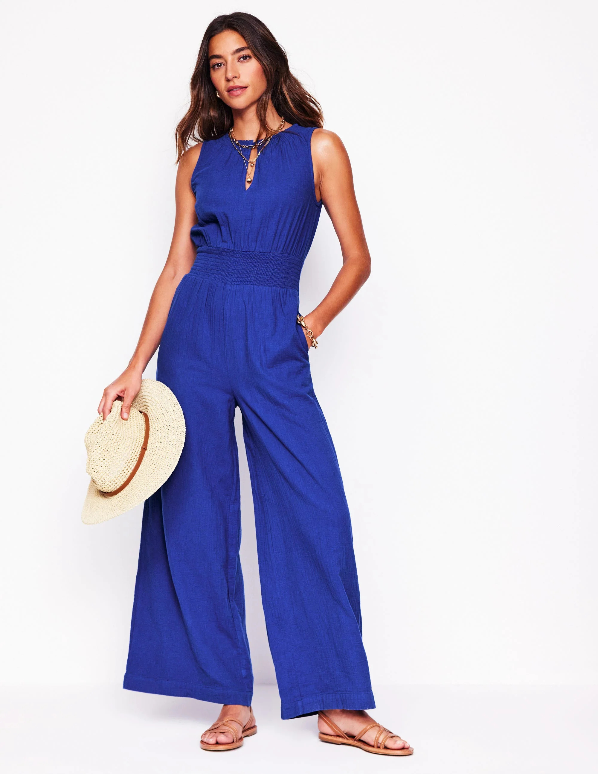 Gesmokter Doppeltuch-Jumpsuit-Leuchtendes Blau - Image 4