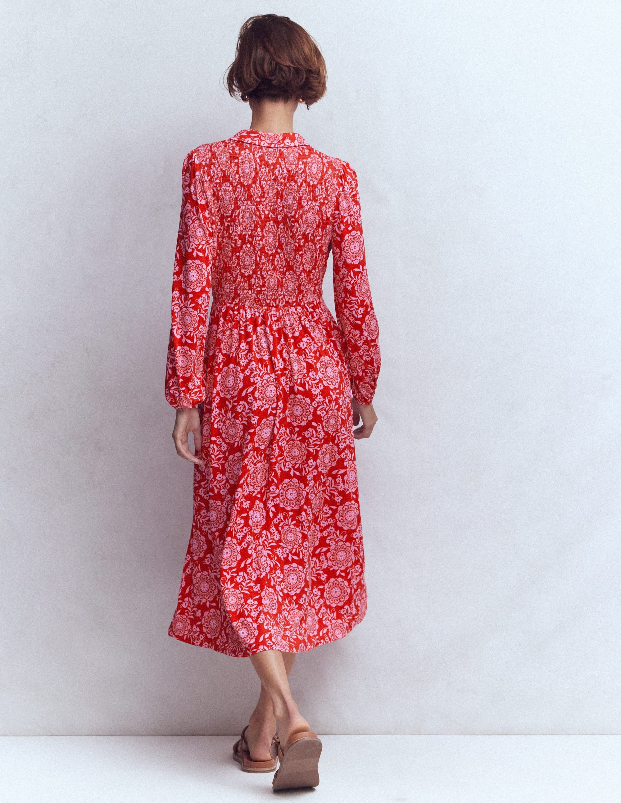 Gesmoktes Jersey-Hemdblusenkleid-Merida-Rot, Dekorative Blüten - Image 3
