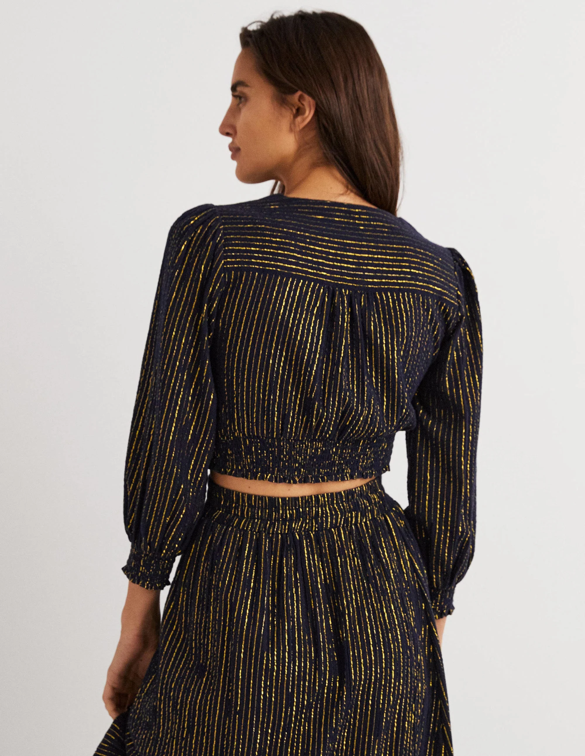 Gesmoktes kurzes Lurexoberteil-Navy, Lurex-Streifen - Image 3
