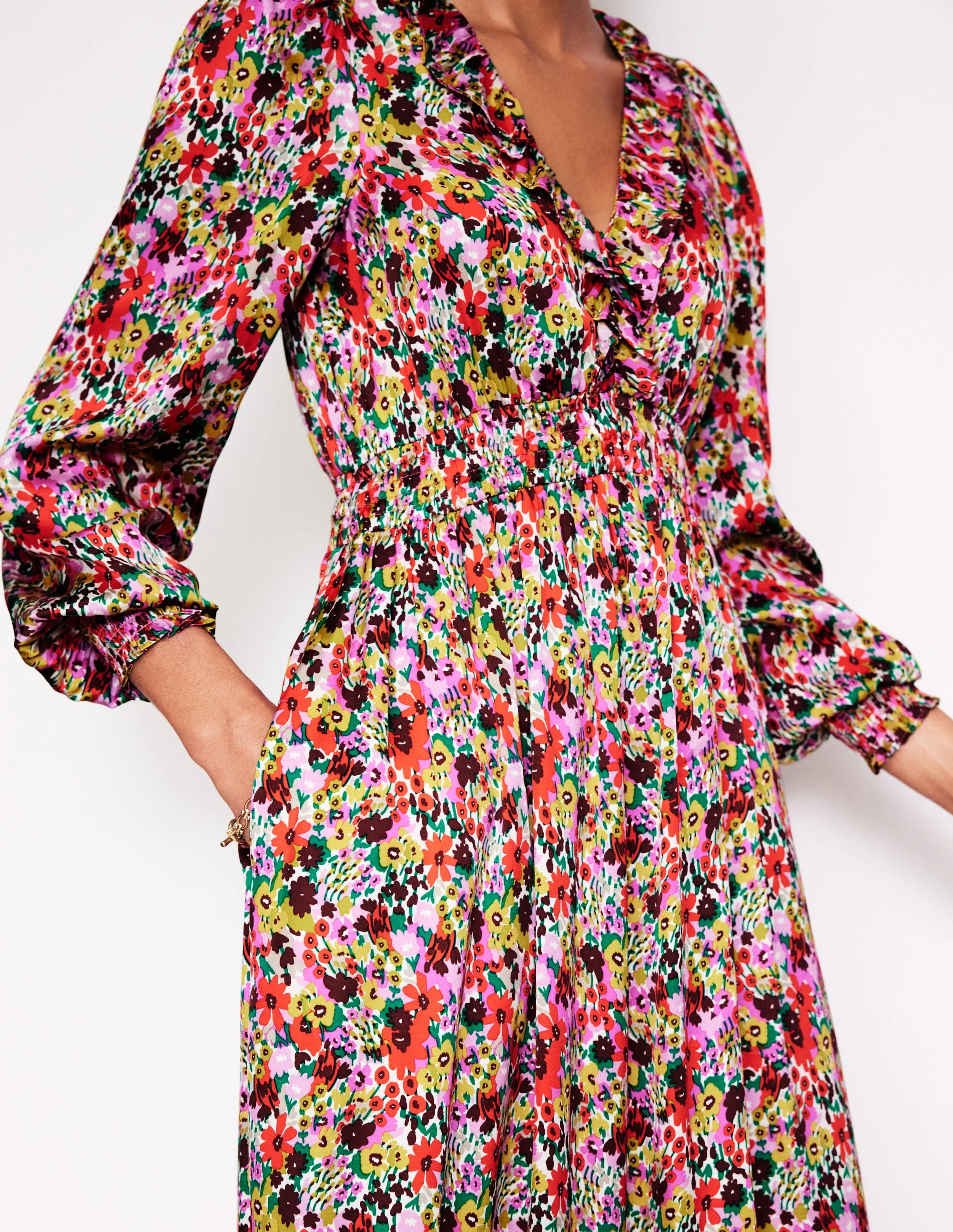 Gesmoktes Midikleid mit Rüschen-Bunt, Motiv Meadow Pop - Image 2