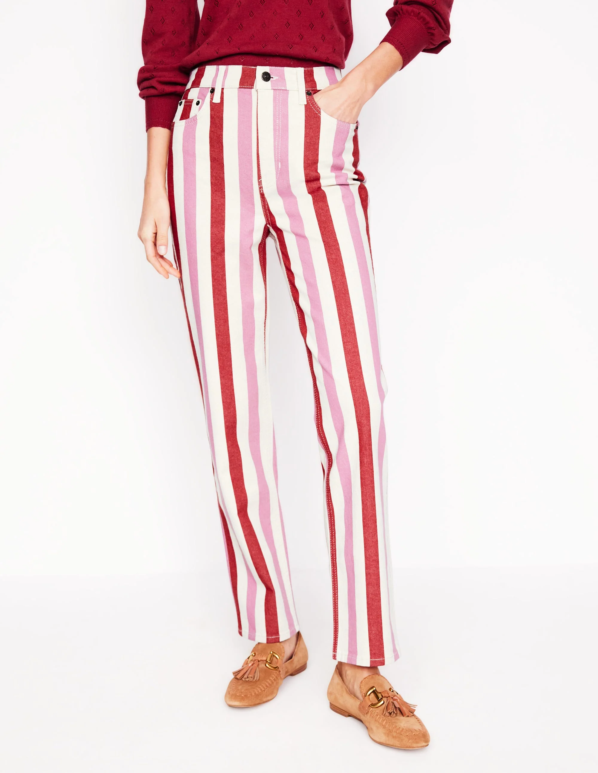 Gestreifte Jeans mit hohem Bund-Rot und Rosa Breite Streifen - Image 5