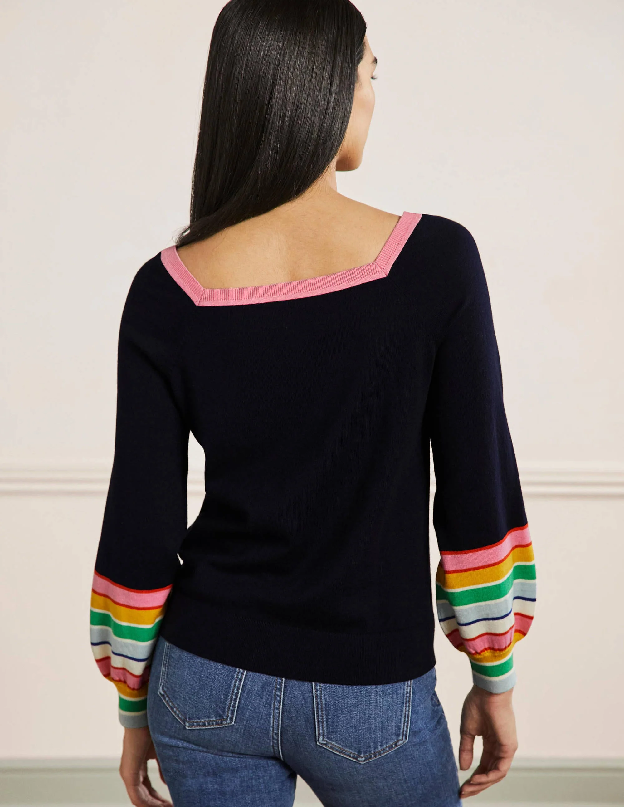 Gestreifter Pullover mit eckigem Ausschnitt-Marineblau - Image 3