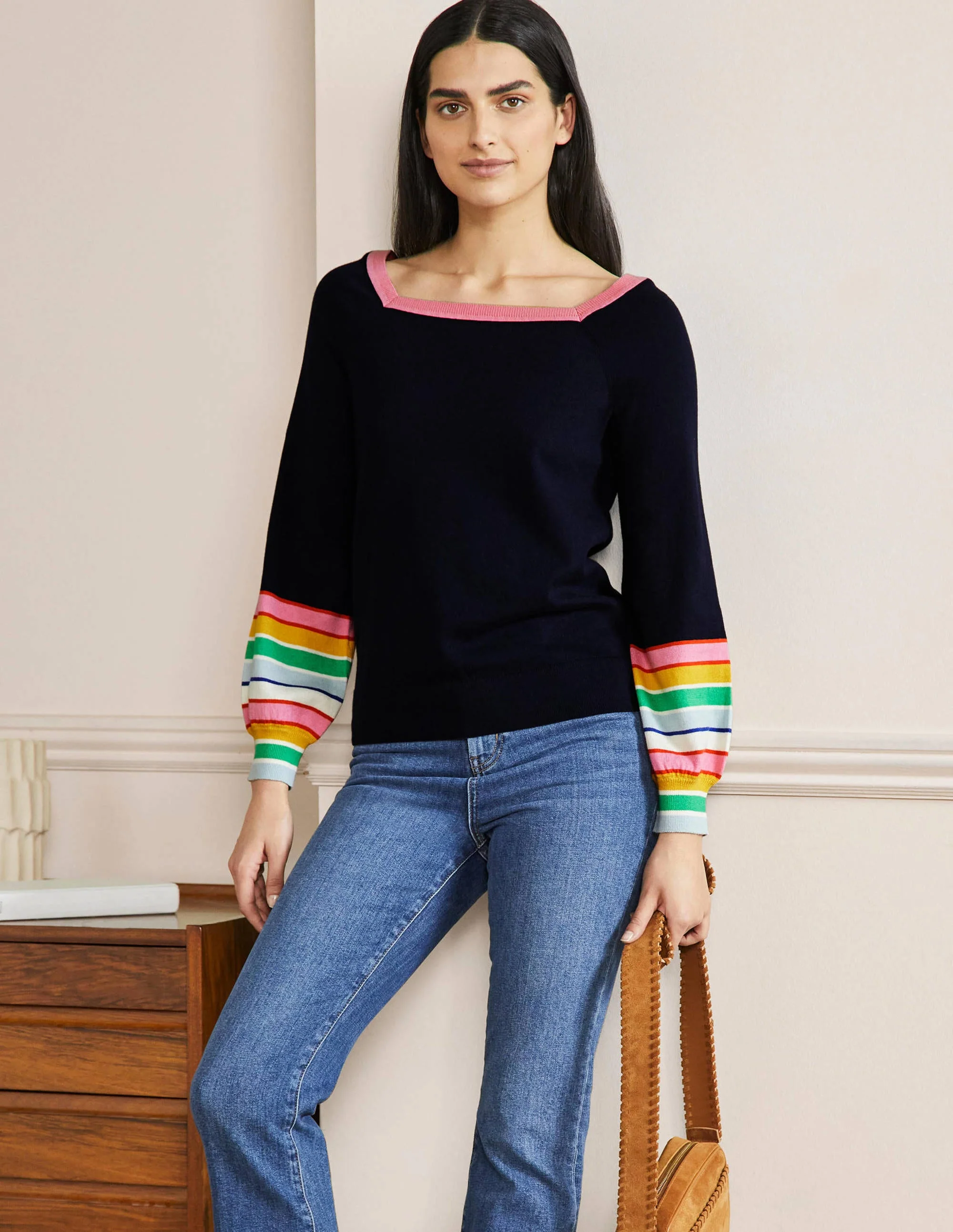 Gestreifter Pullover mit eckigem Ausschnitt-Marineblau - Image 4