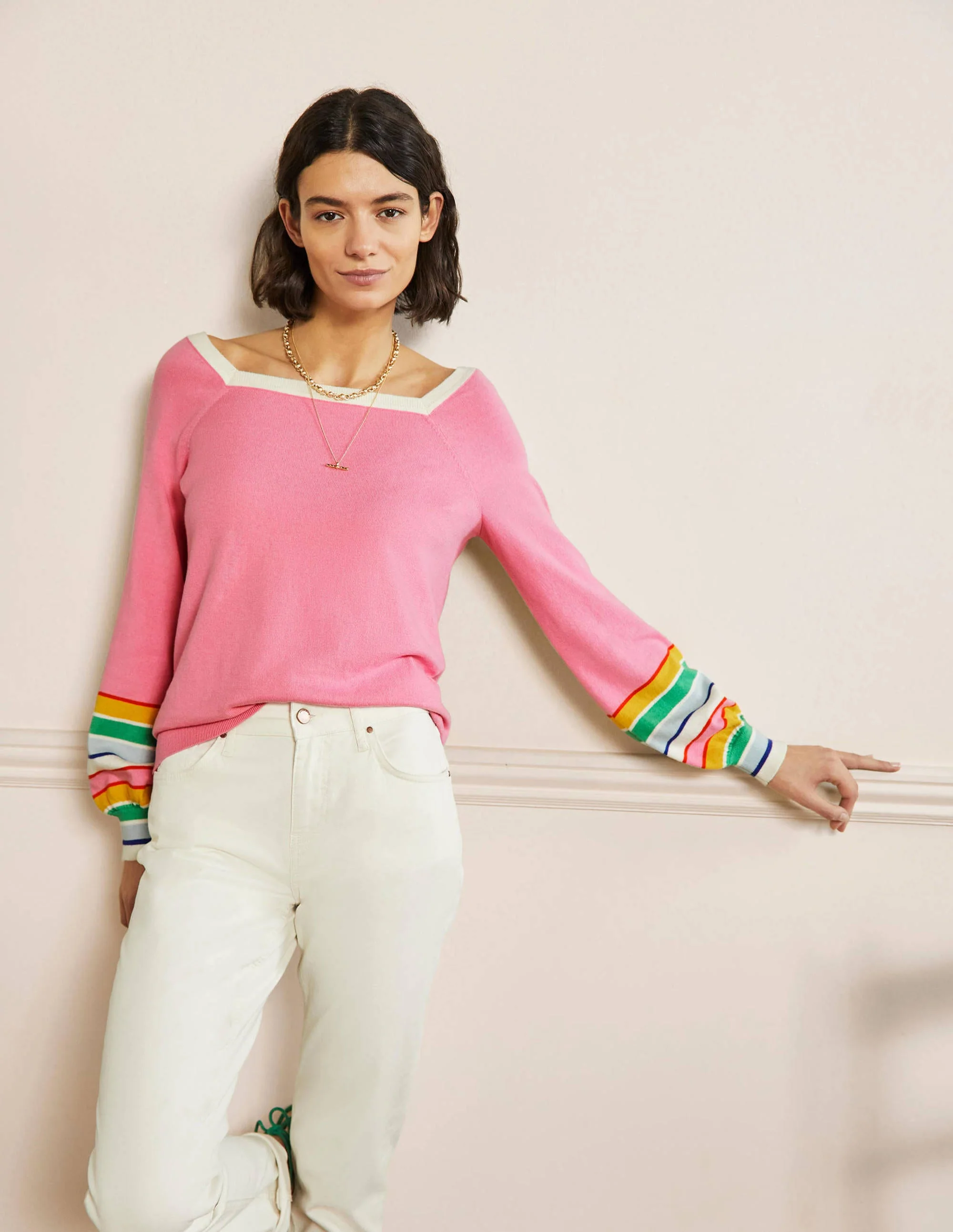 Gestreifter Pullover mit eckigem Ausschnitt-Tiefes Rosa