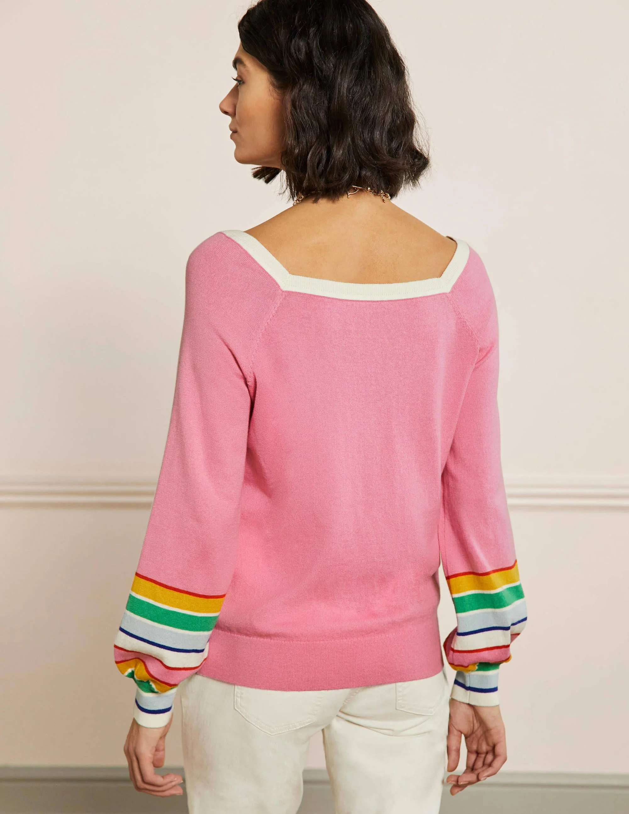 Gestreifter Pullover mit eckigem Ausschnitt-Tiefes Rosa - Image 3