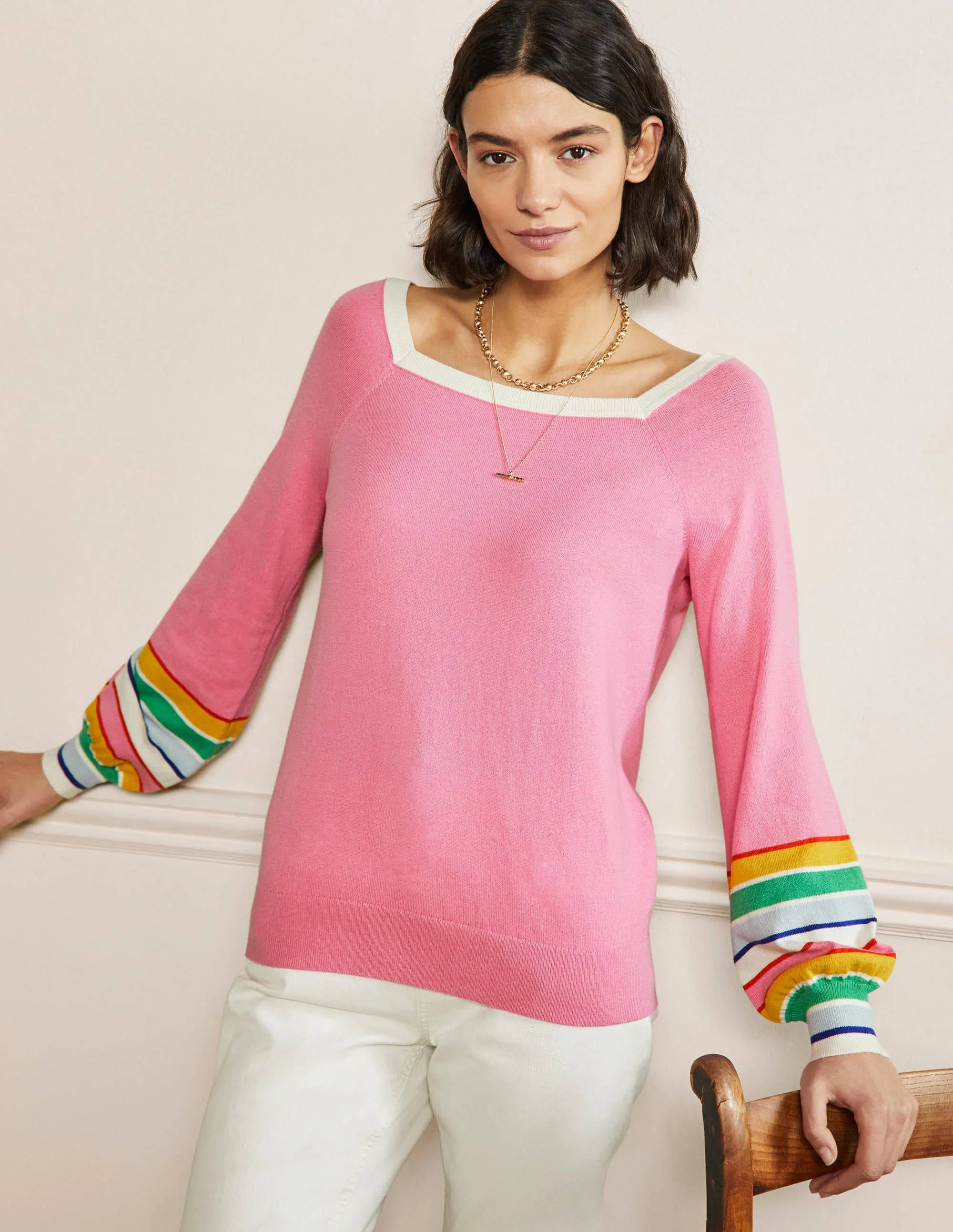 Gestreifter Pullover mit eckigem Ausschnitt-Tiefes Rosa - Image 4