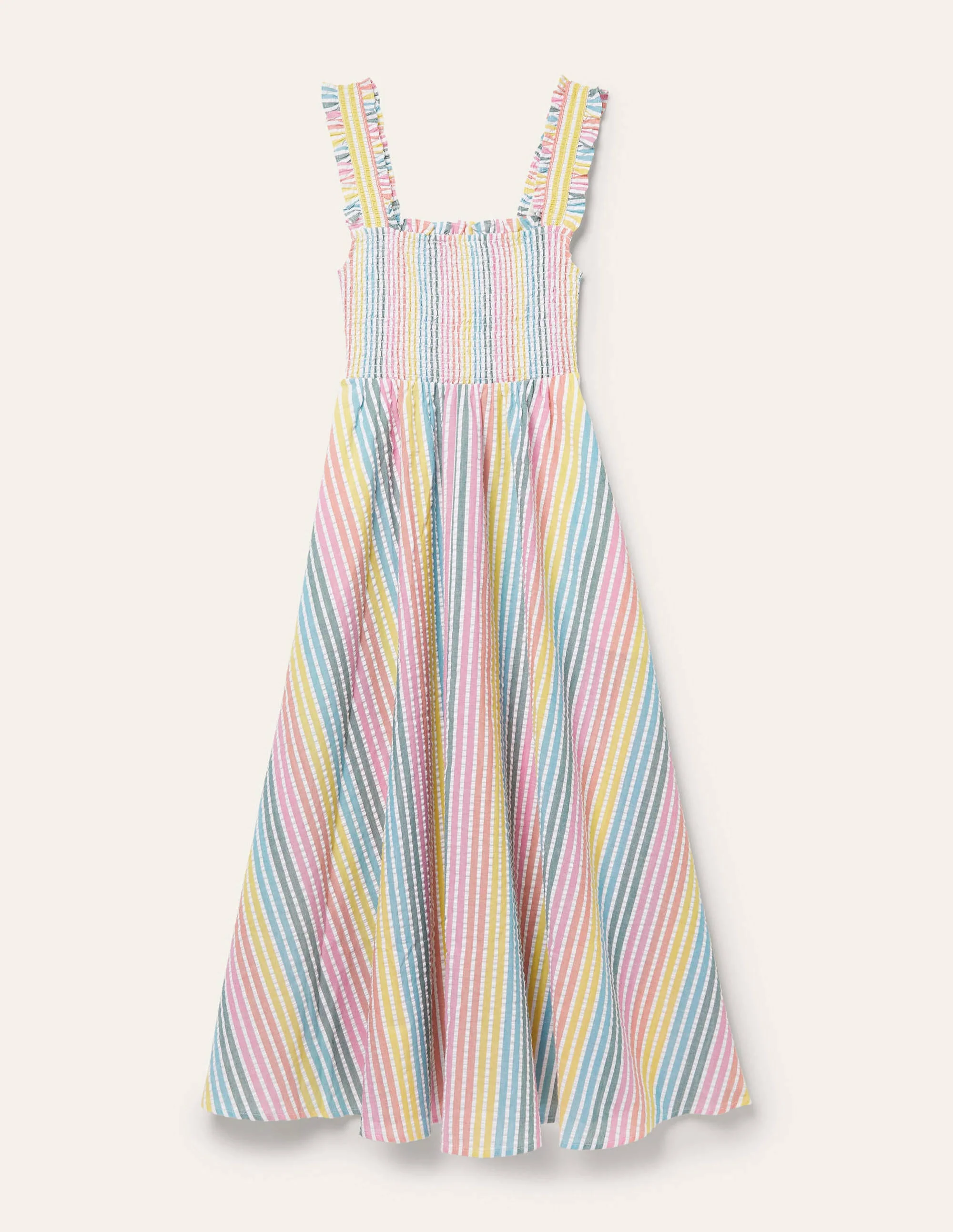Gestreiftes Midikleid mit Smok-Detail-Regenbogenfarben, Seersucker - Image 7