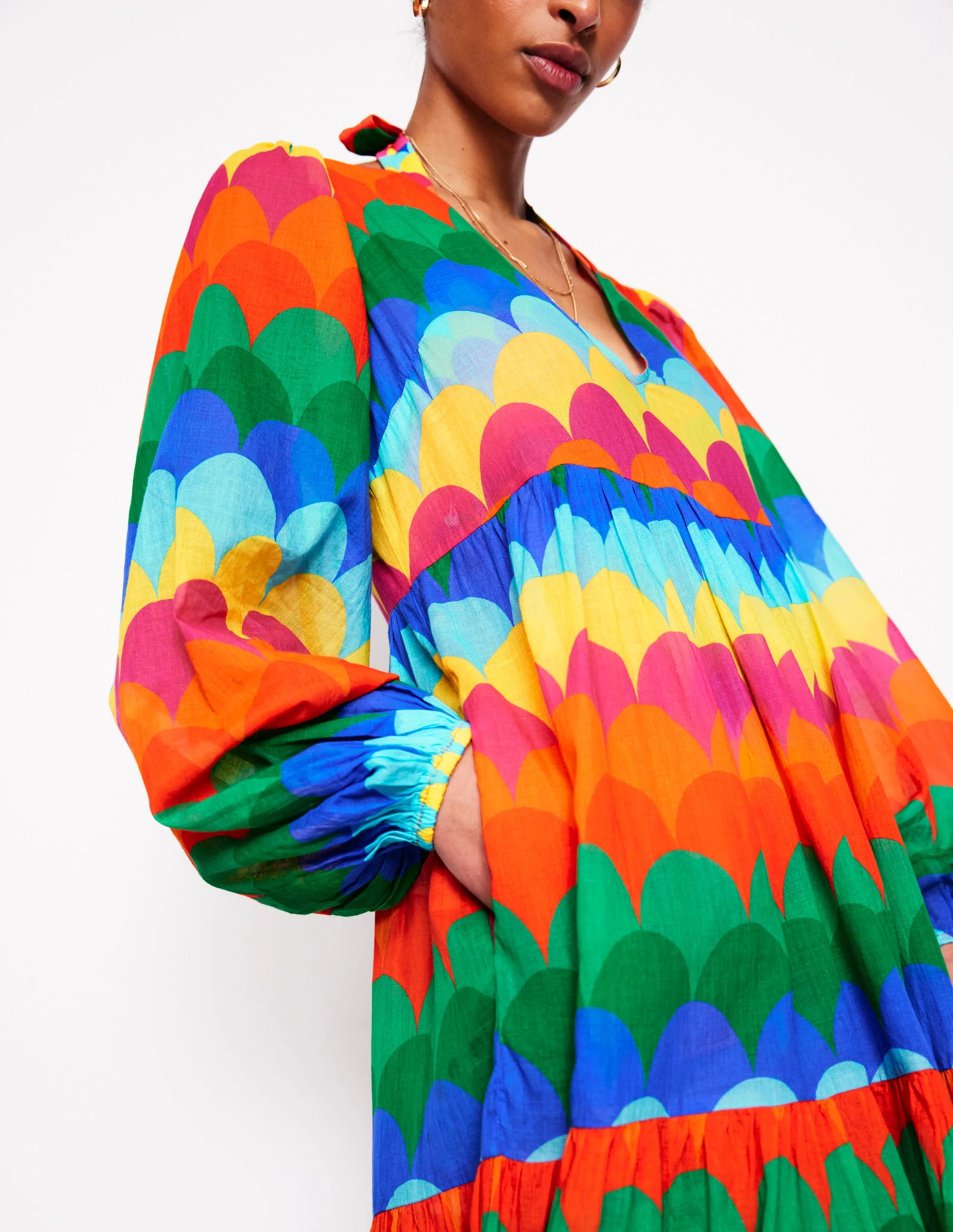 Gestufter Baumwollkaftan mit V-Ausschnitt-Bunt, Muschel-Streifen - Image 2