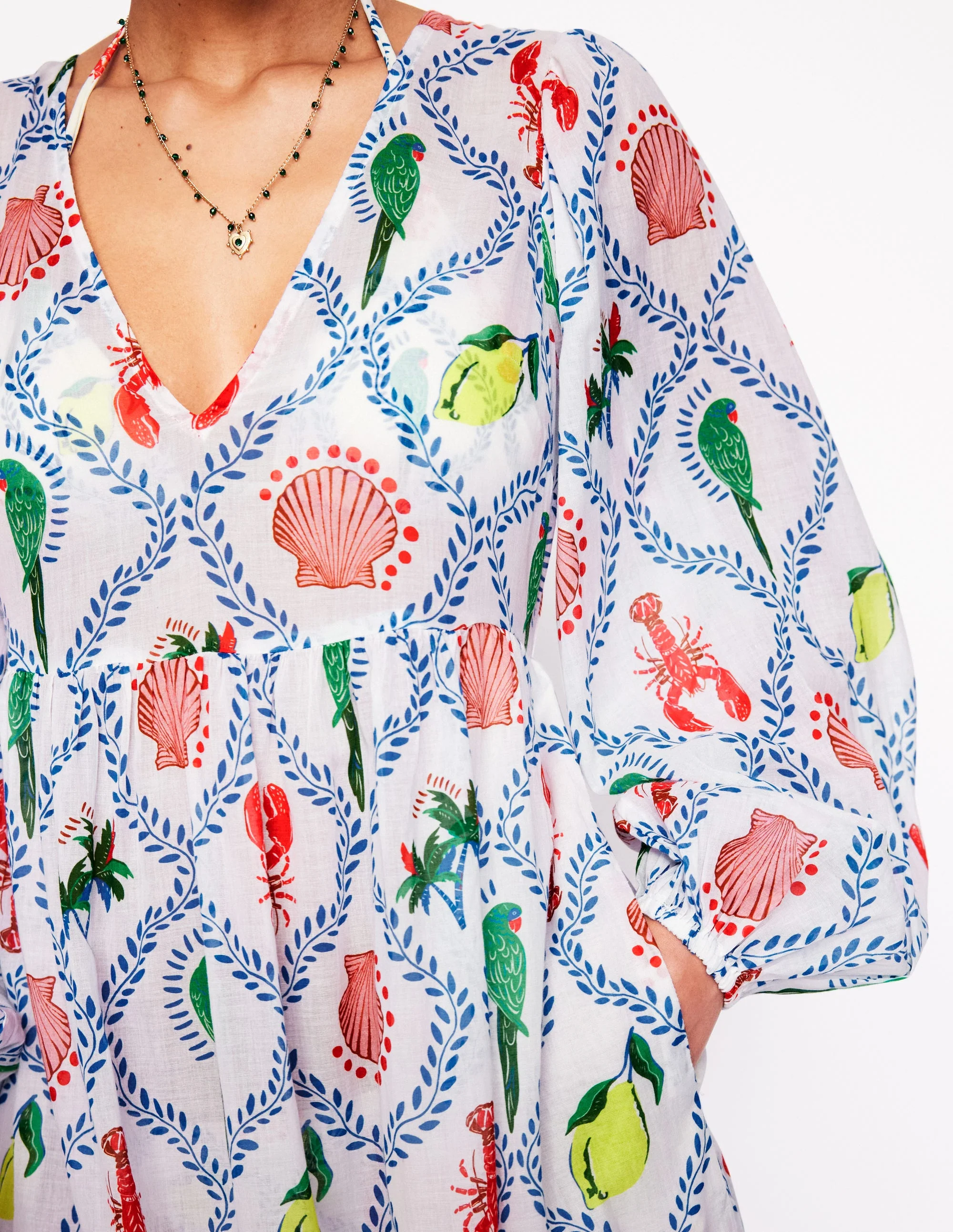 Gestufter Baumwollkaftan mit V-Ausschnitt-Naturweiß, Tropical Bonanza-Motiv - Image 2