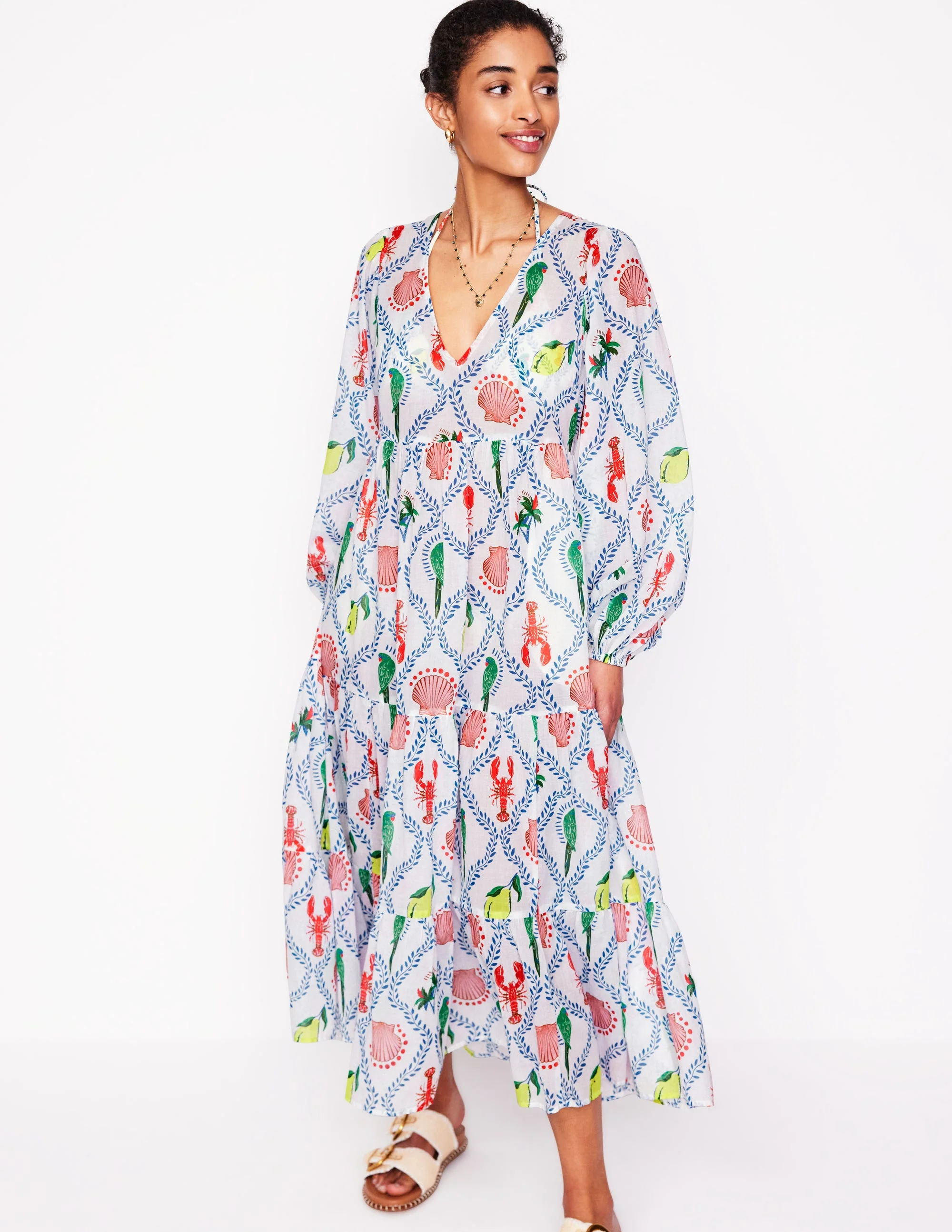Gestufter Baumwollkaftan mit V-Ausschnitt-Naturweiß, Tropical Bonanza-Motiv - Image 4