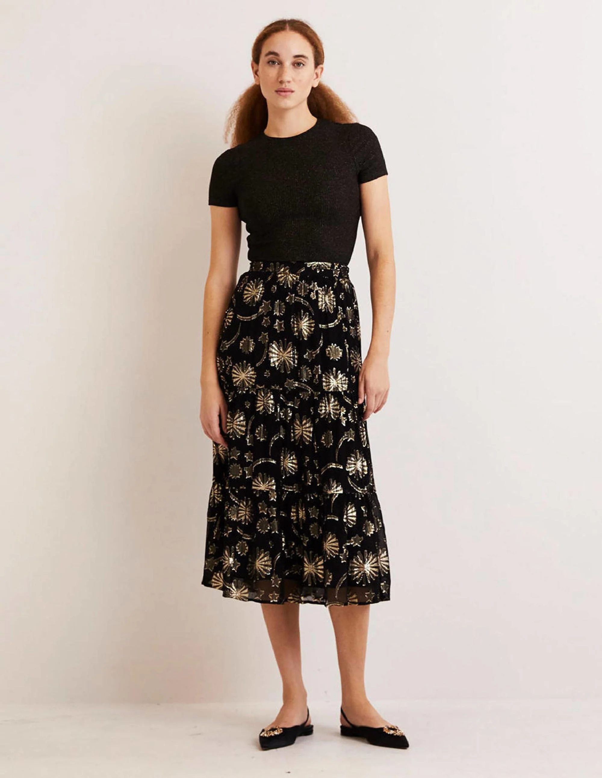 Gestufter Midirock-Lurex/Jacquard