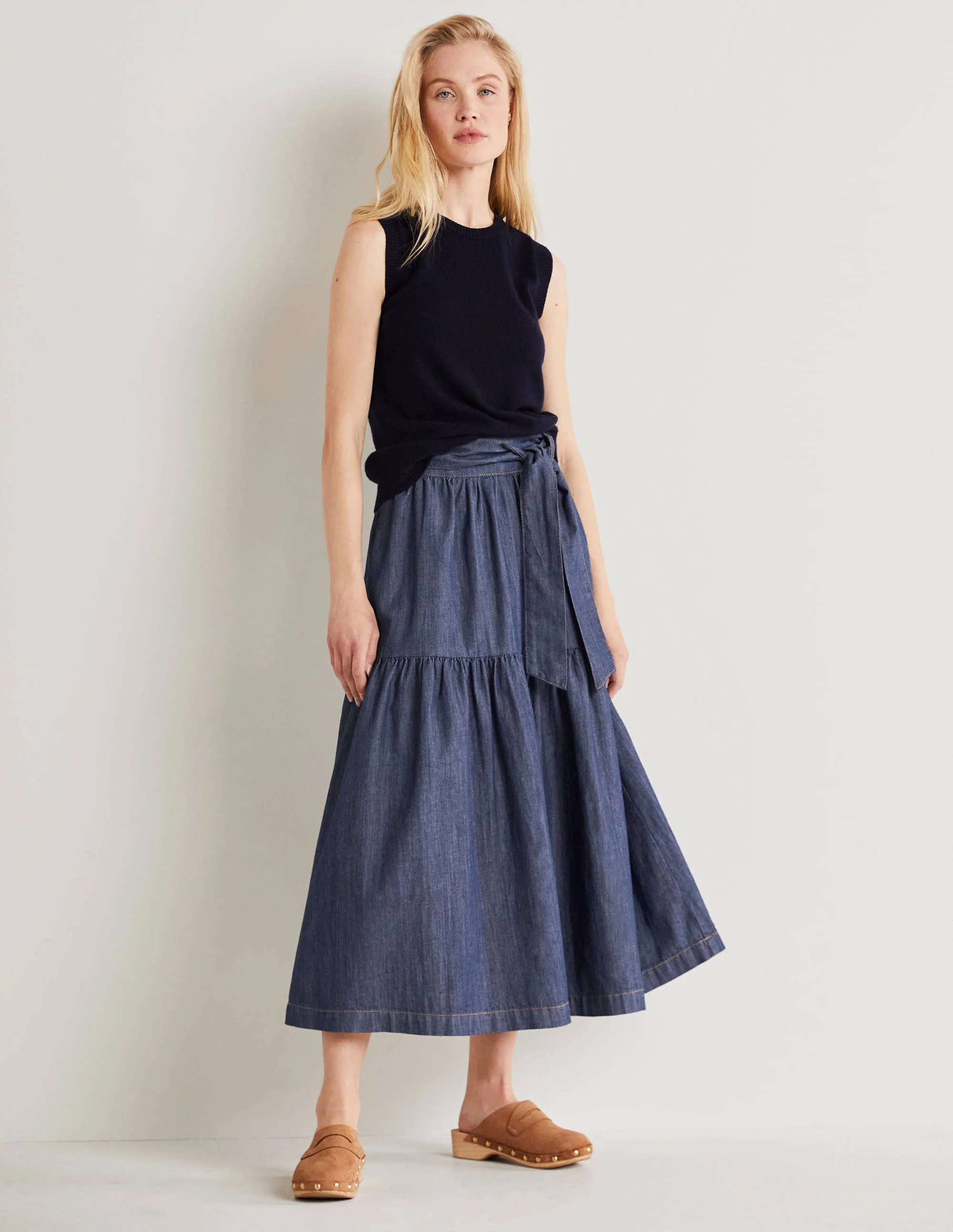 Gestufter Midirock mit Gürtel-Mittleres Vintageblau, Denim