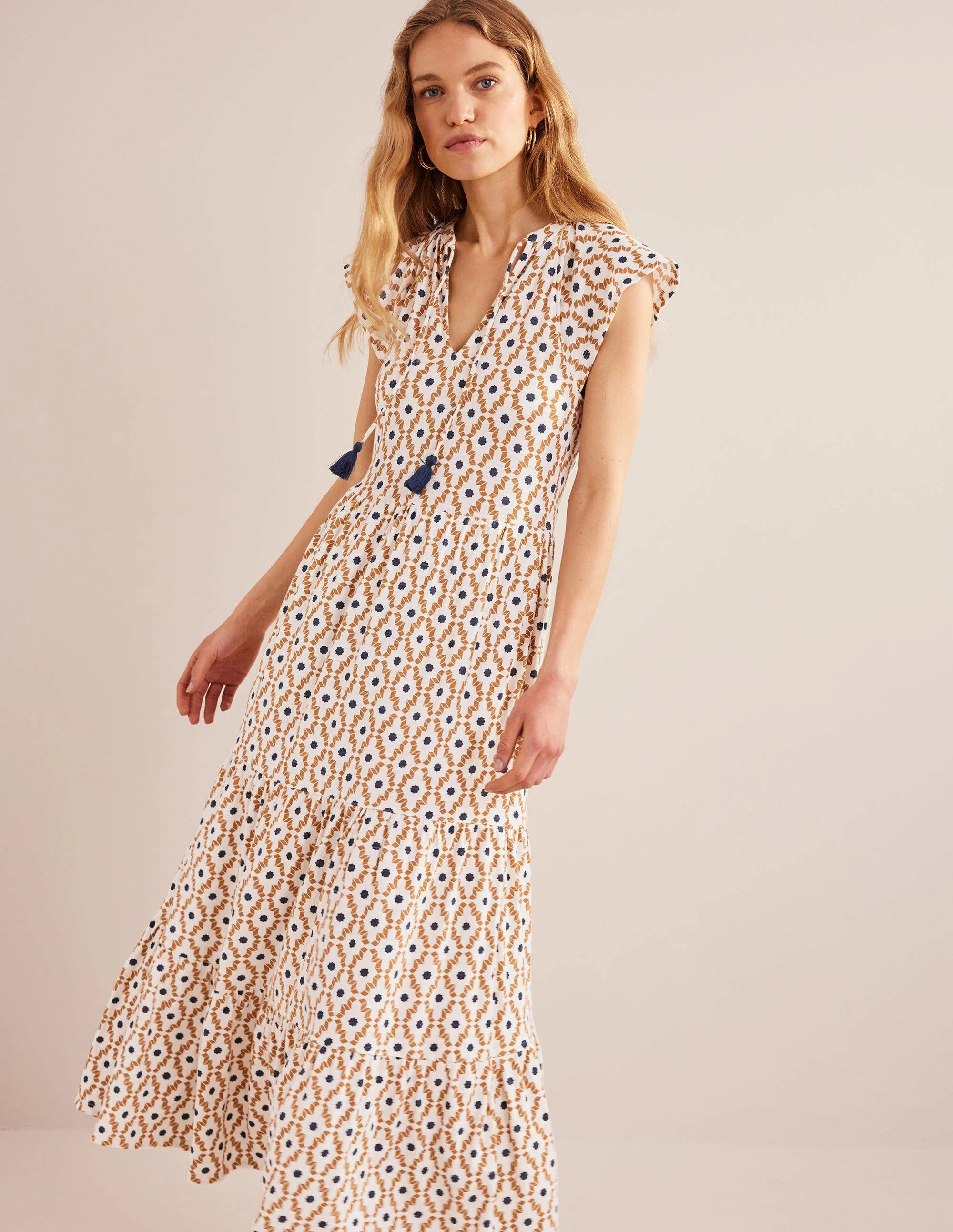 Gestuftes Jersey-Midikleid-Hellgelb, Geometrisches Diamantmuster
