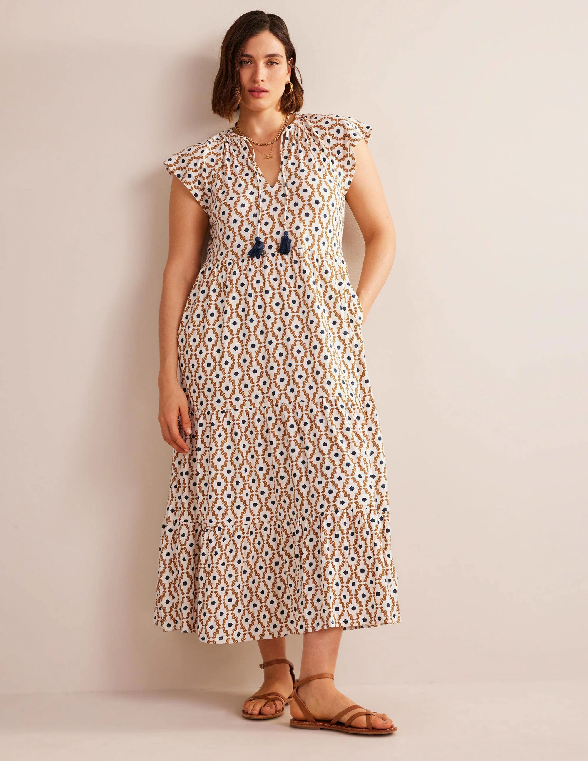 Gestuftes Jersey-Midikleid-Hellgelb, Geometrisches Diamantmuster - Image 6