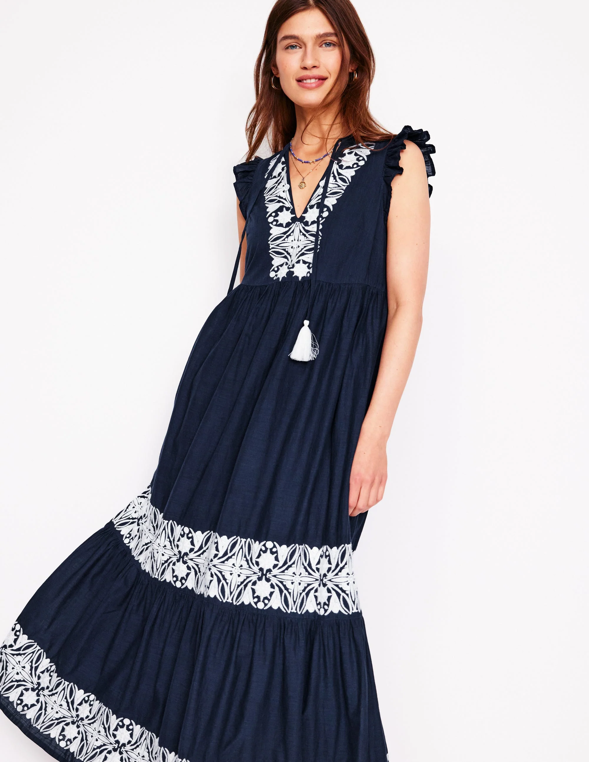 Gestuftes Kleid mit Bindeband am Ausschnitt-Marineblaue - Image 4