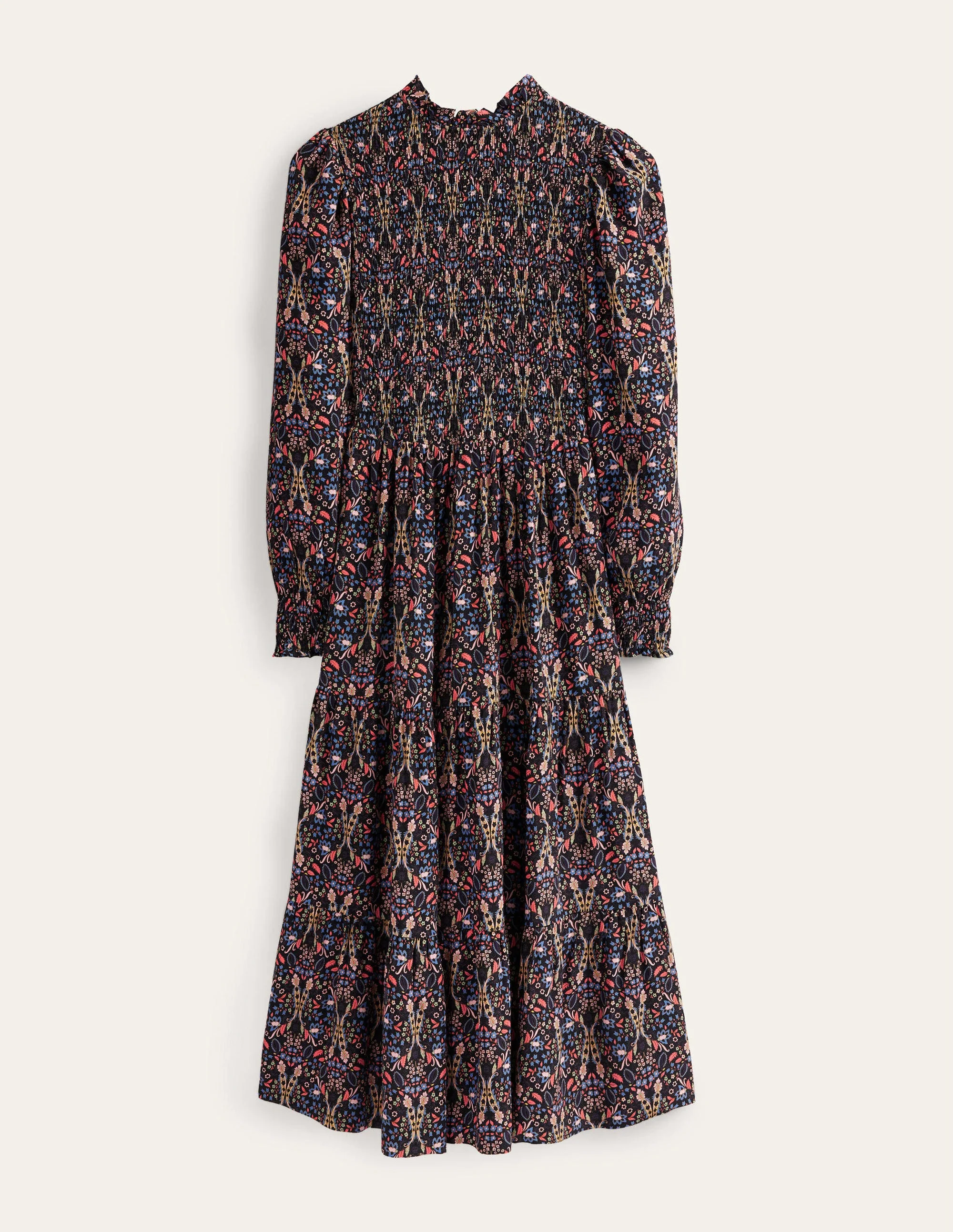 Gestuftes Midikleid mit Smokdetails-Schwarz, Exotische Blätter - Image 5