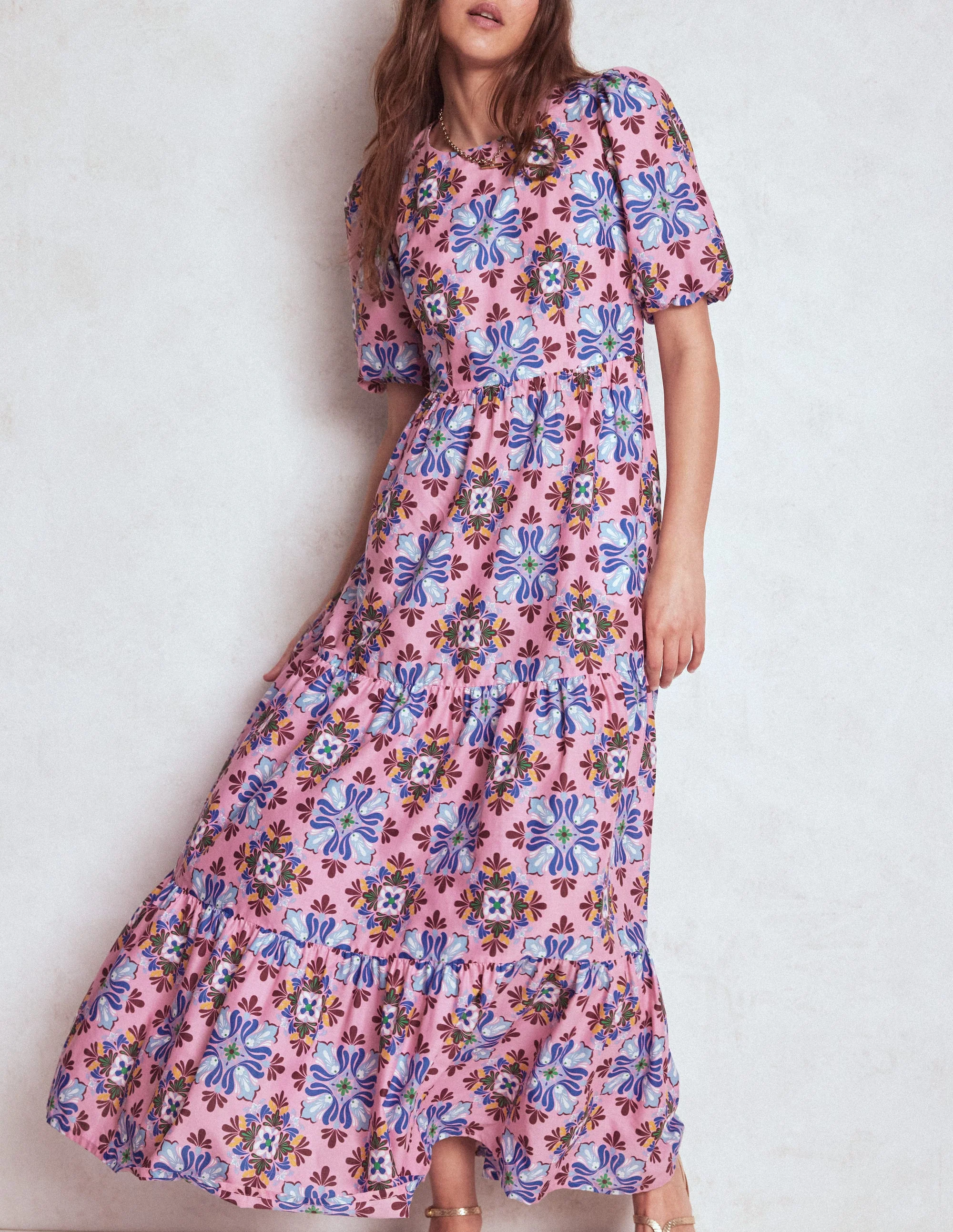 Gestuftes Popeline-Maxikleid-Kirschblütenrosa, Blütenmosaik - Image 4