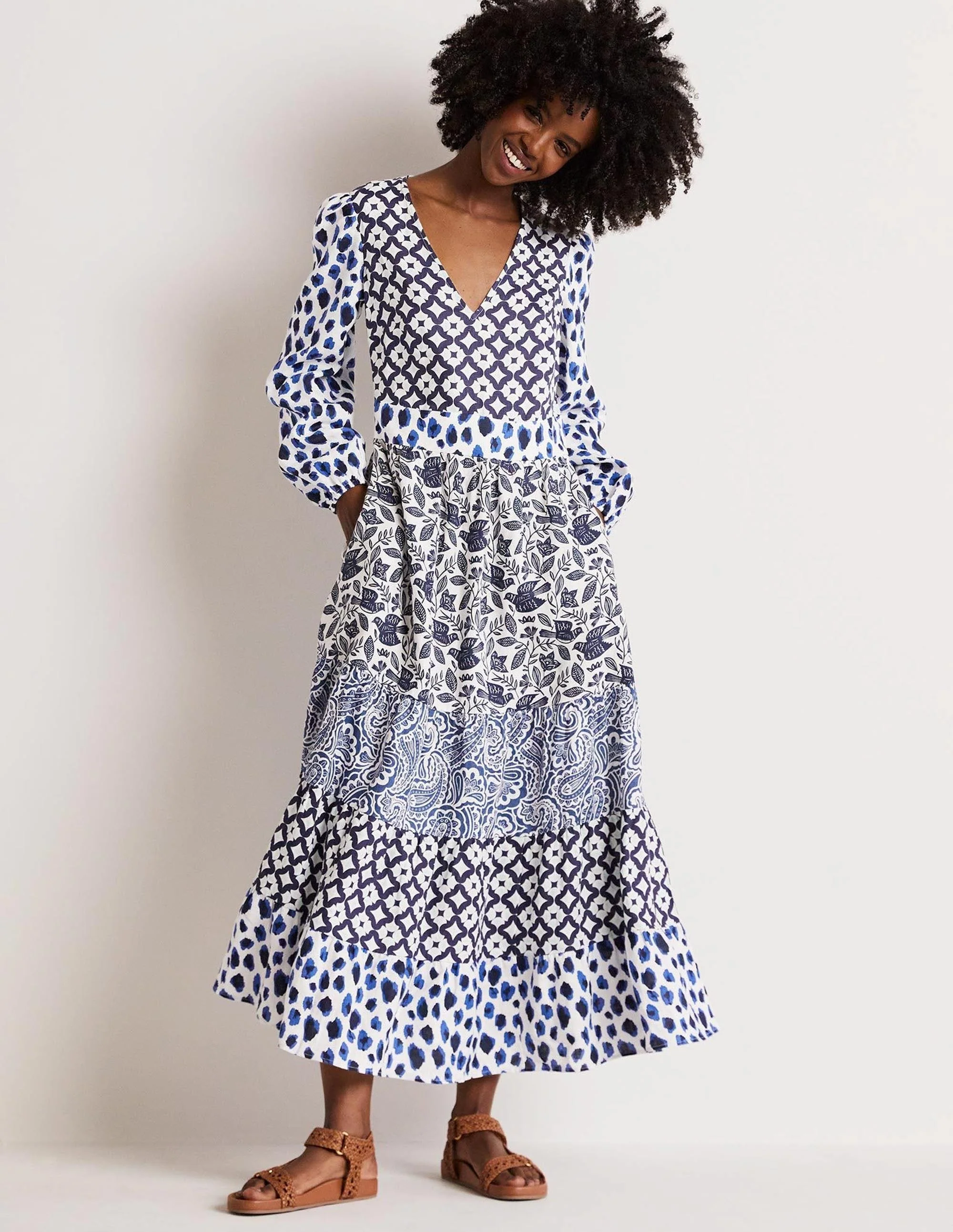 Gestuftes Upcycling Maxi-Kleid-Blau