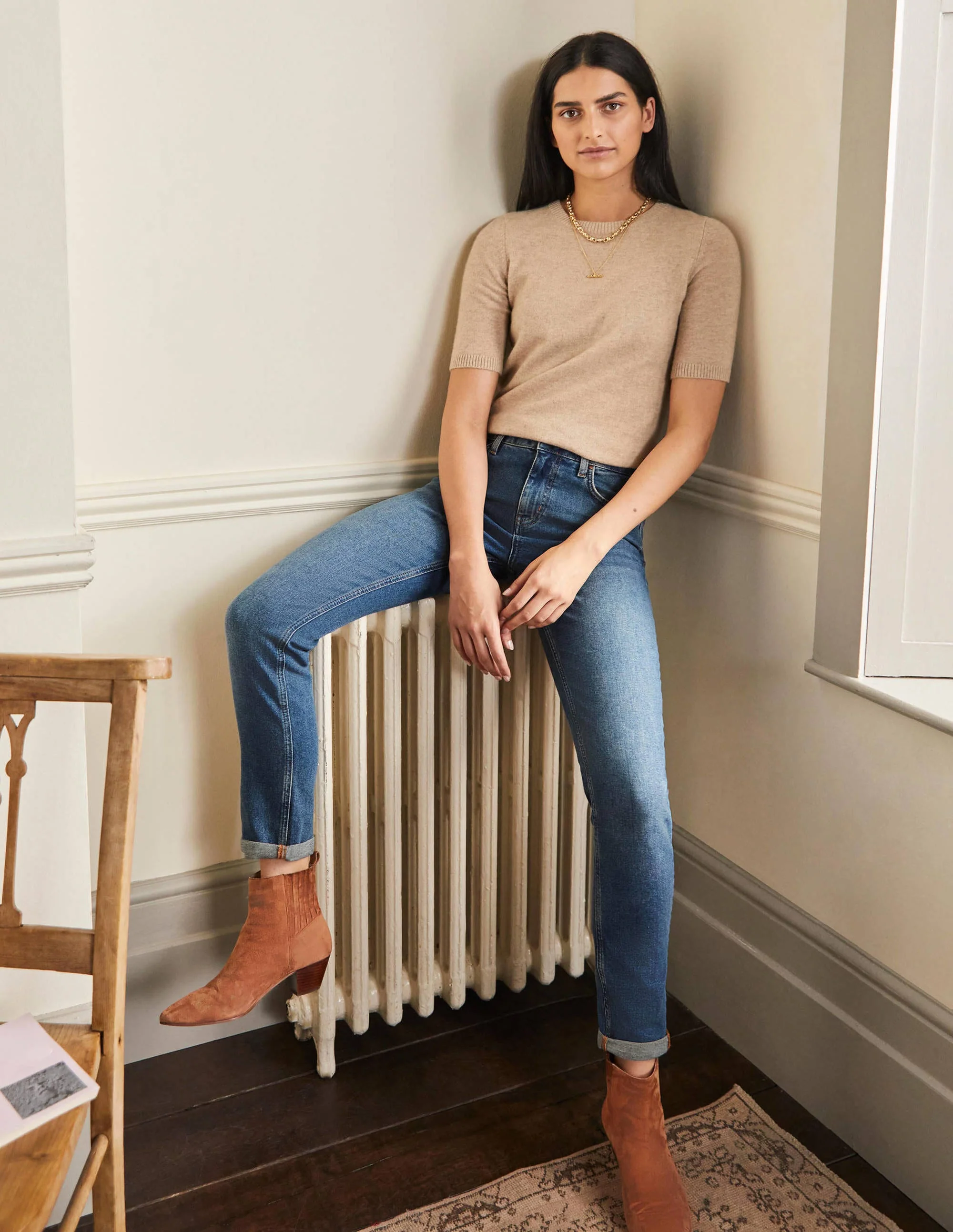 Girlfriend-Jeans-Mittleres Vintageblau/Grünstich